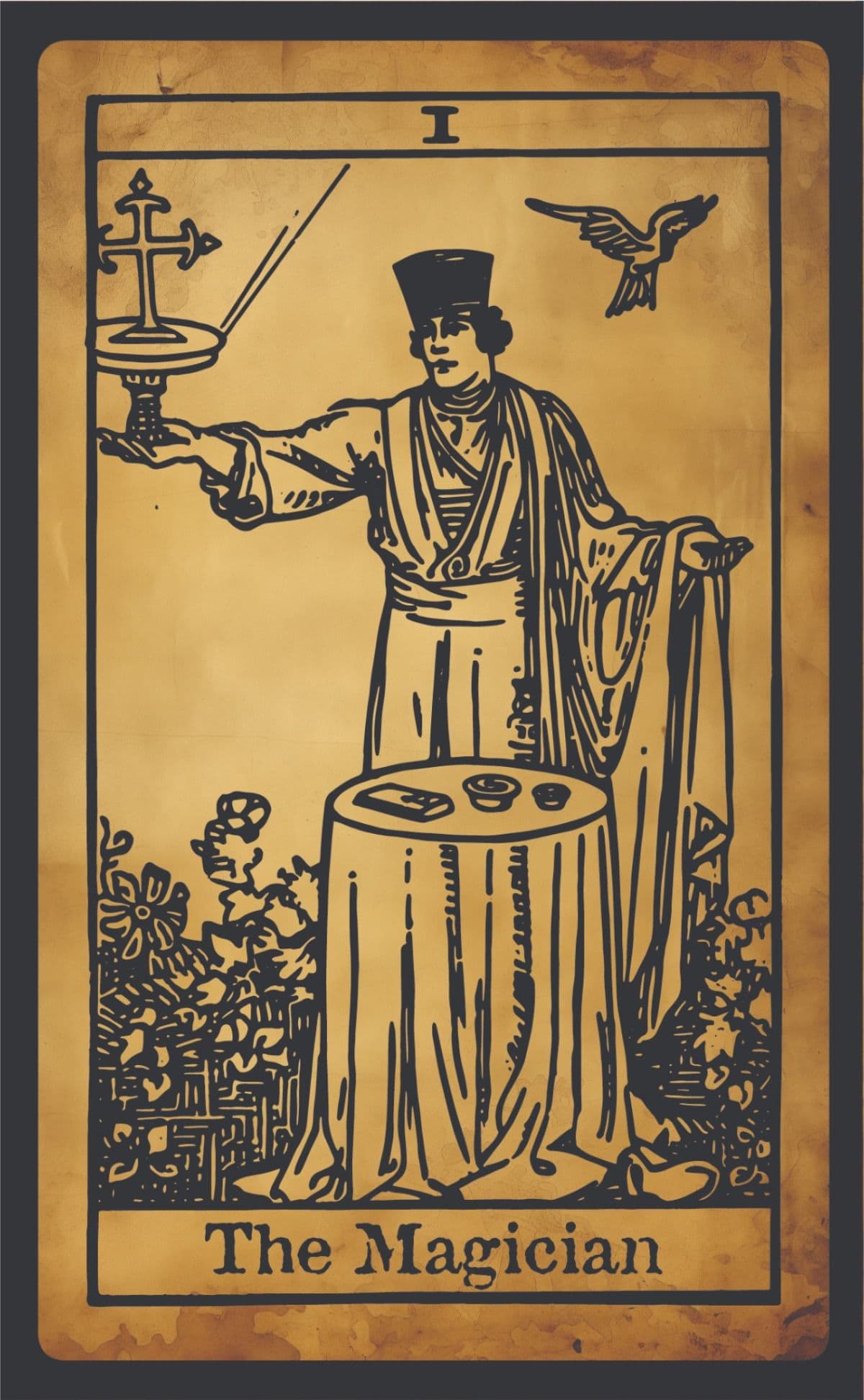 The Magician tarot card art print in woodblock illustration style