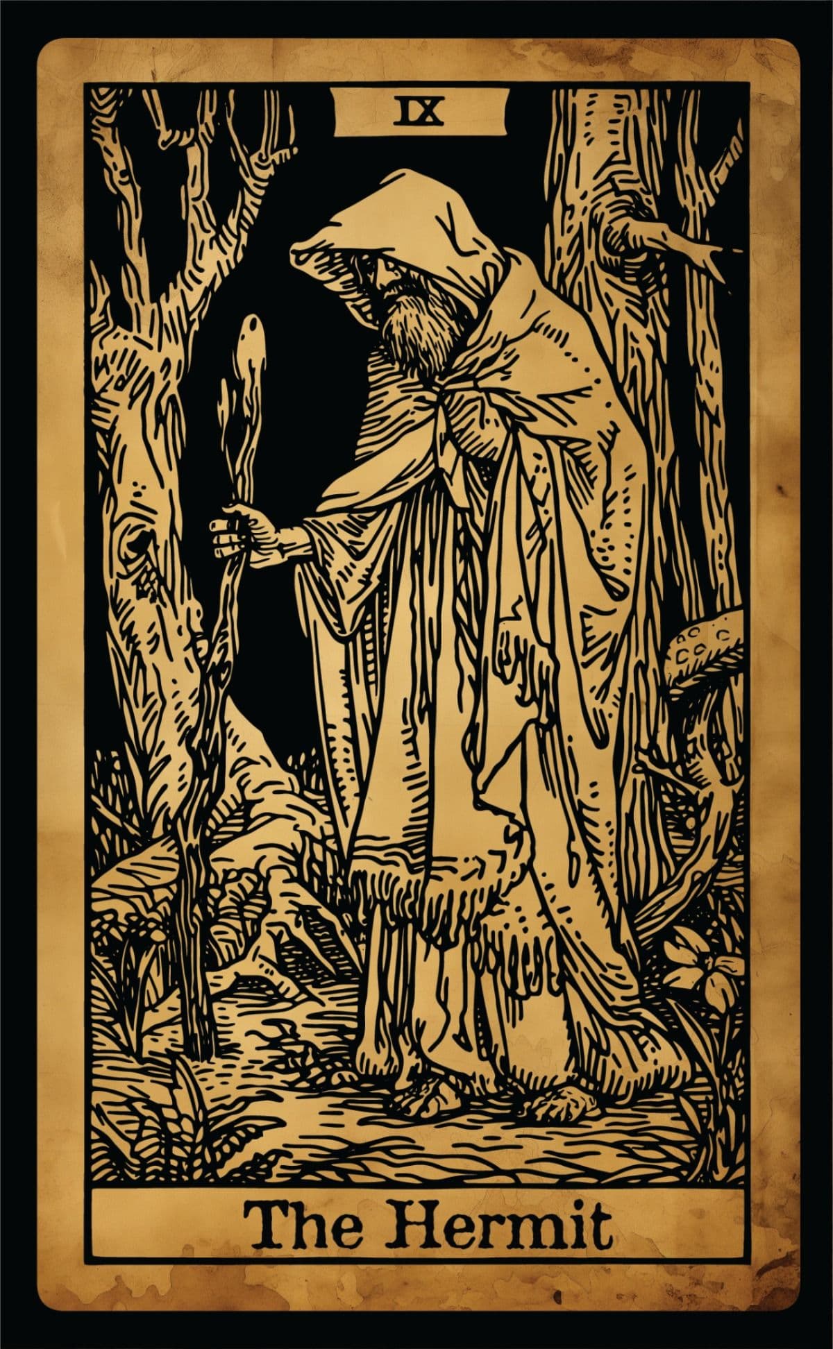 The Hermit tarot card art print in woodblock illustration style