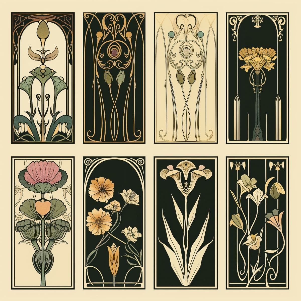 Art Nouveau greeting card design with elegant ornamental floral patterns
