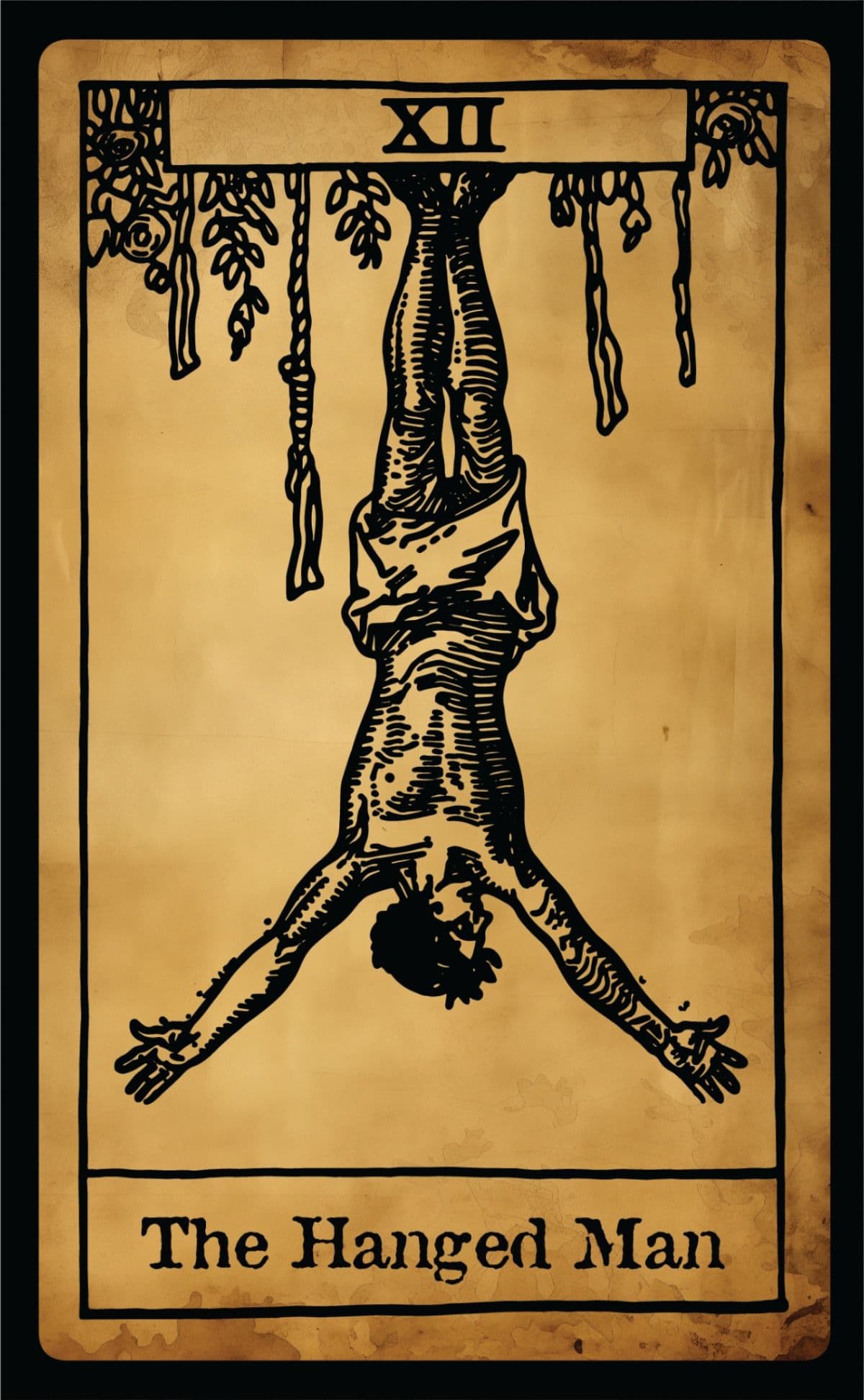 The Hanged Man tarot card art print in woodblock illustration style
