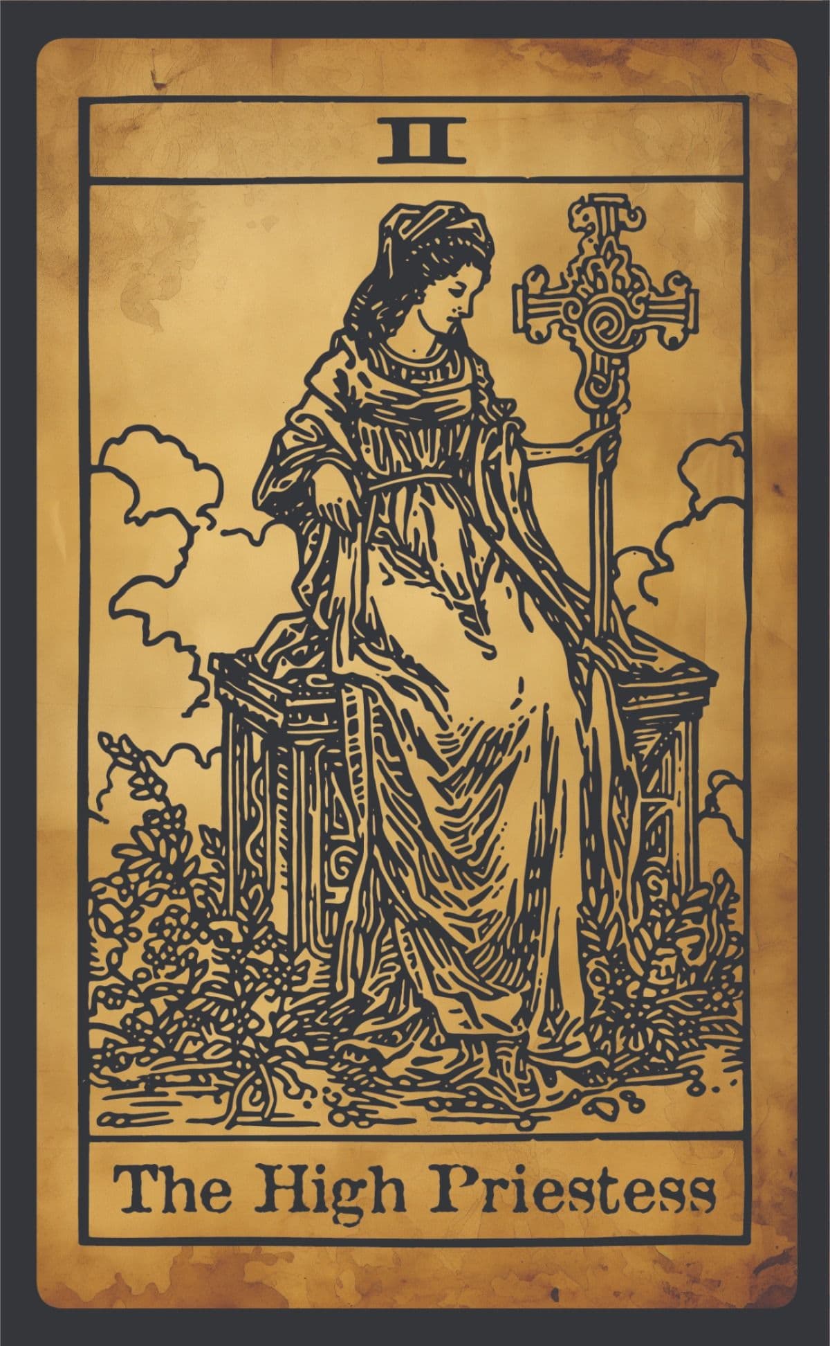 The High Priestess tarot card art print in woodblock illustration style