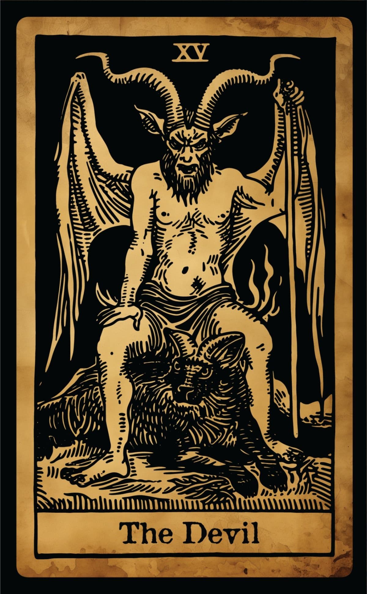 The Devil tarot card art print in woodblock illustration style