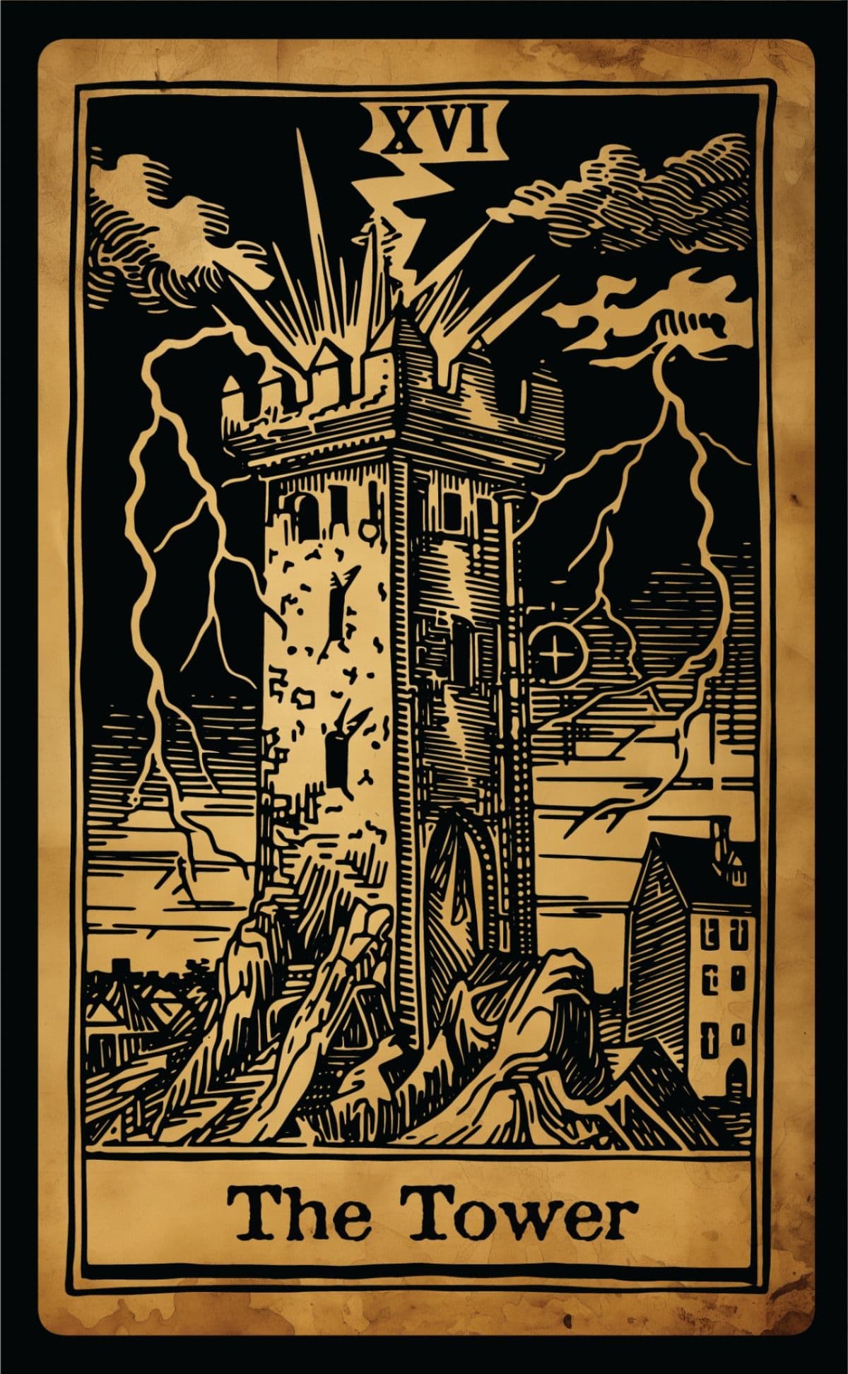 The Tower tarot card art print in woodblock illustration style