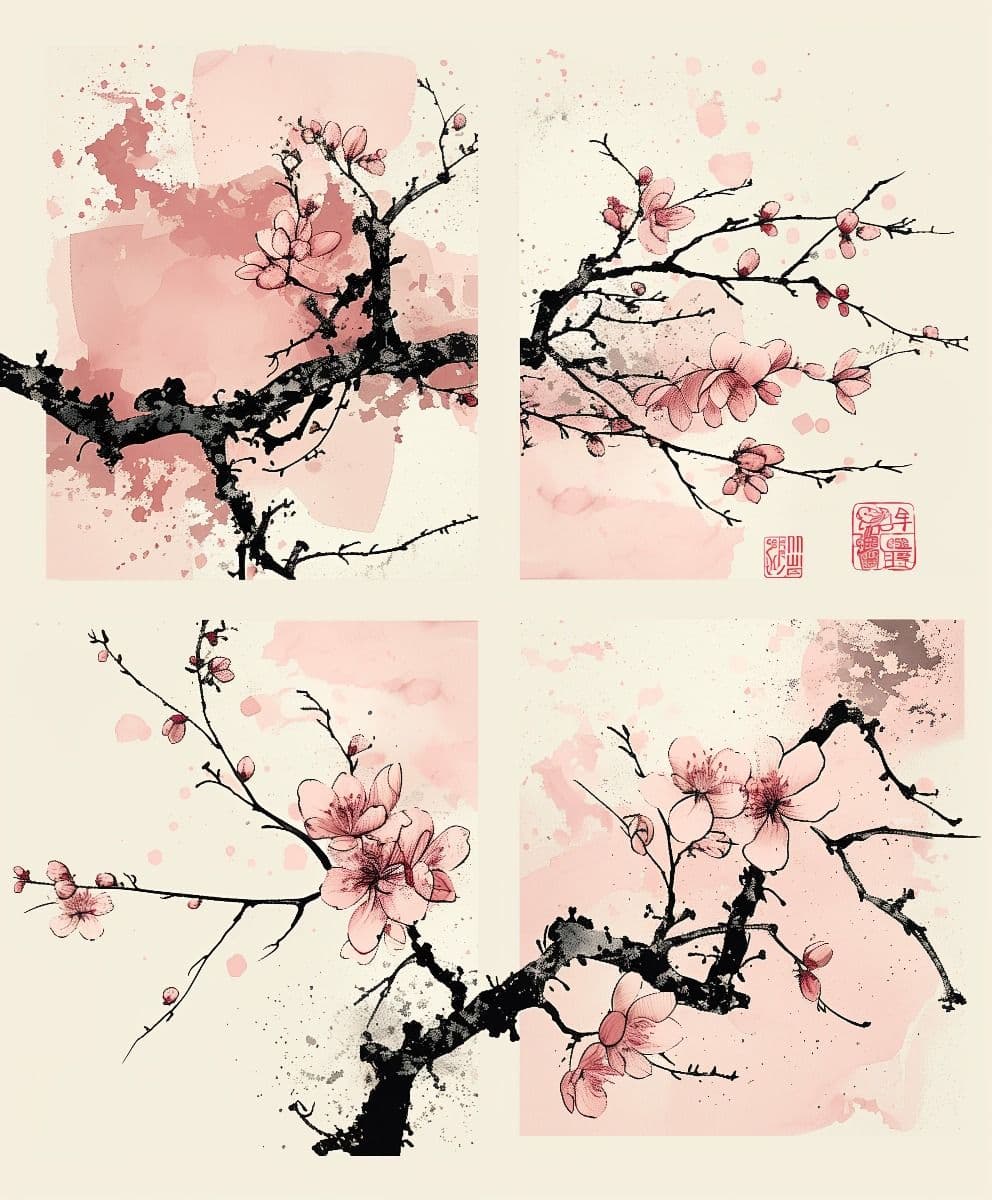 Cherry blossom art print with minimalist Japanese-inspired linework