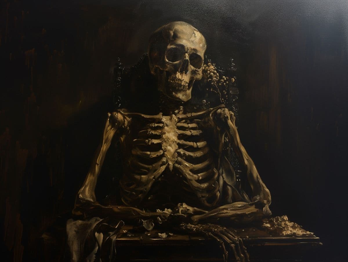 Dead Productive gothic oil painting of a skeleton working at a desk