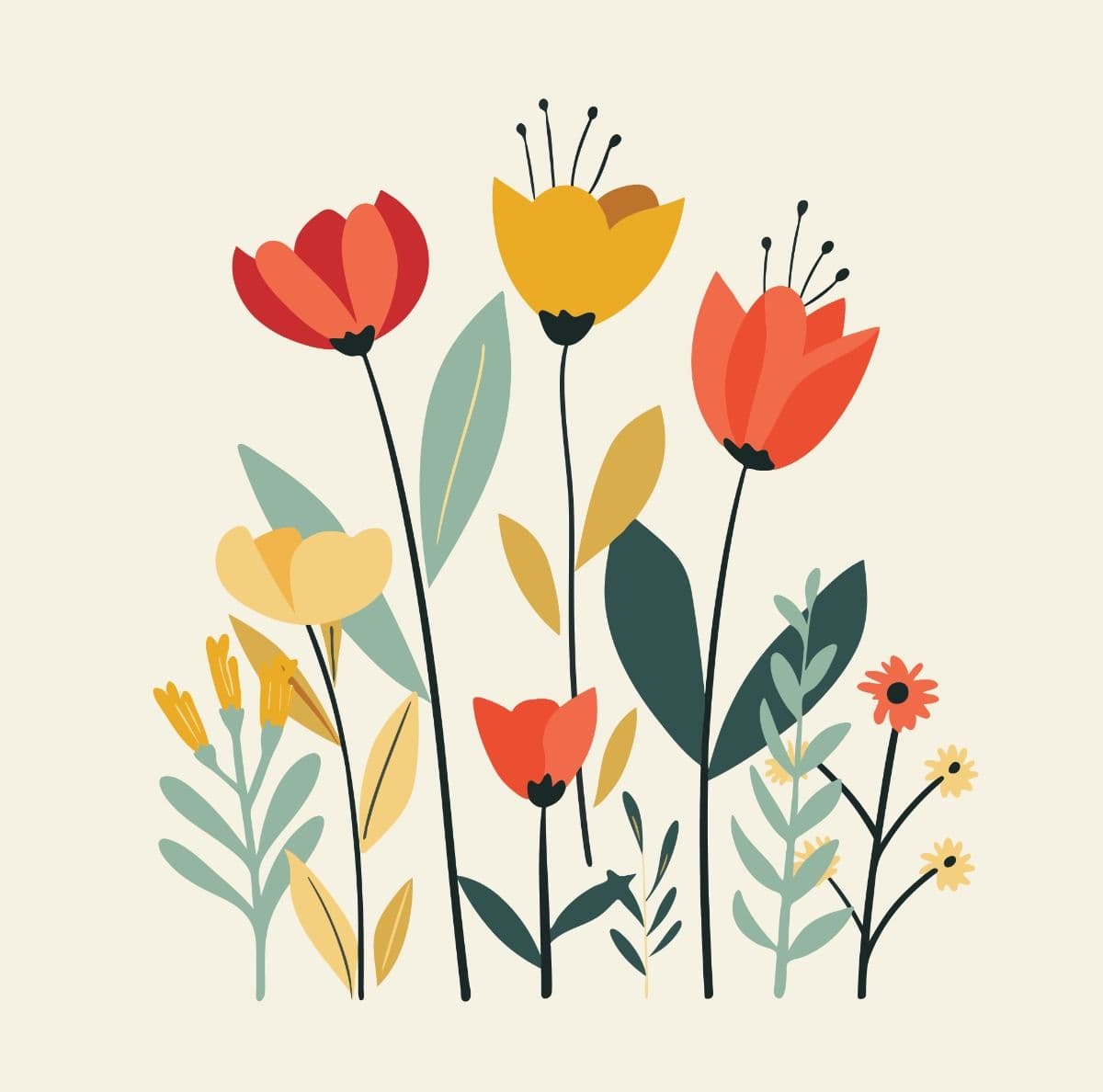 Spring floral art print with cheerful botanical vector illustration