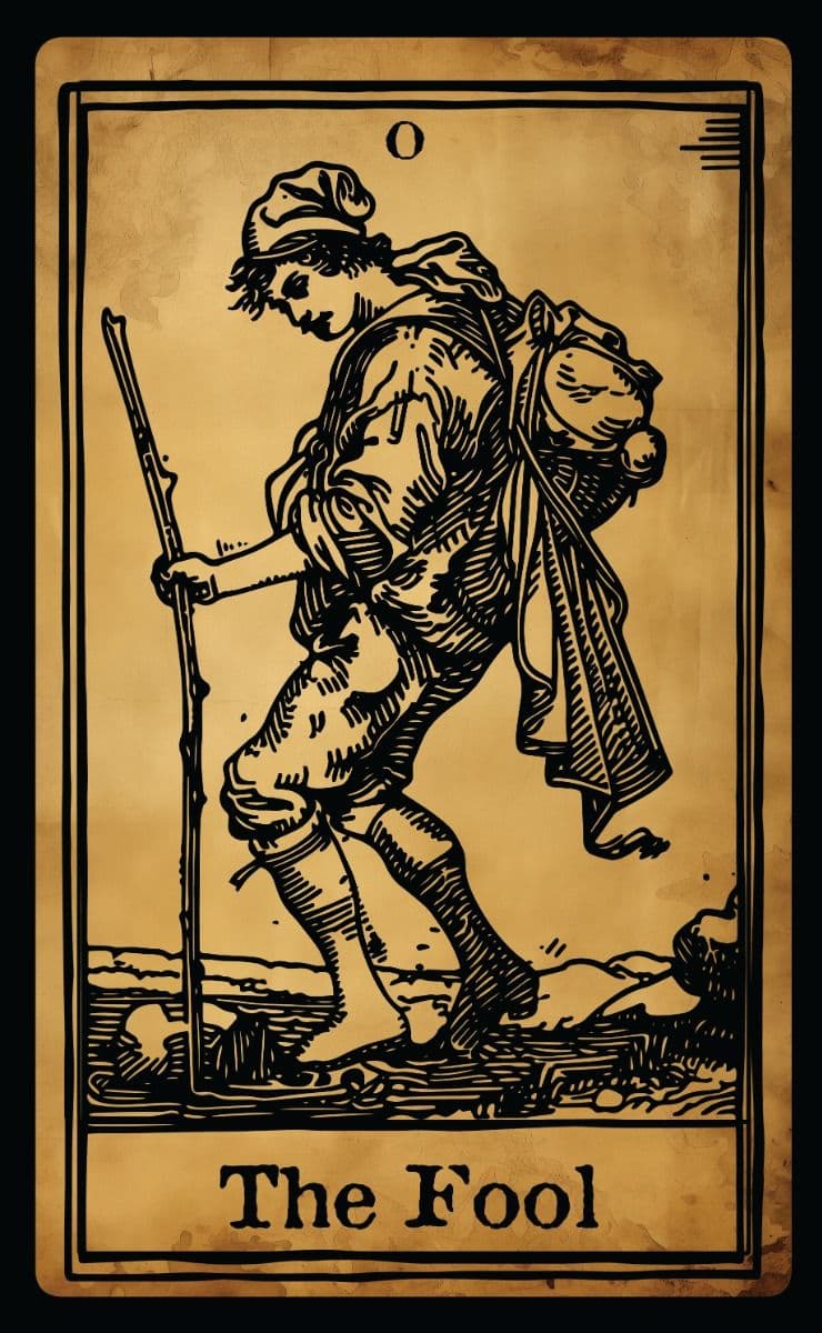 The Fool tarot card art print in woodblock illustration style