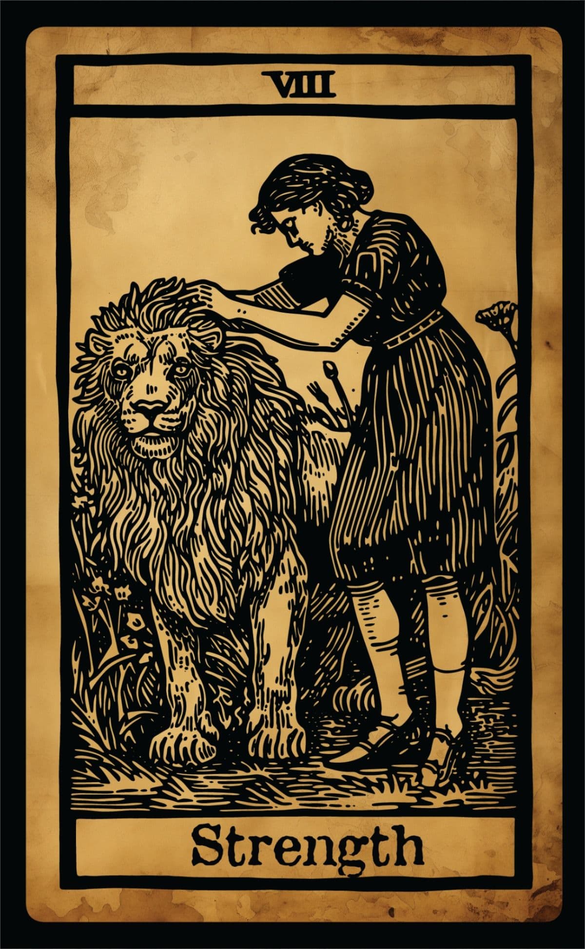 Strength tarot card art print in woodblock illustration style