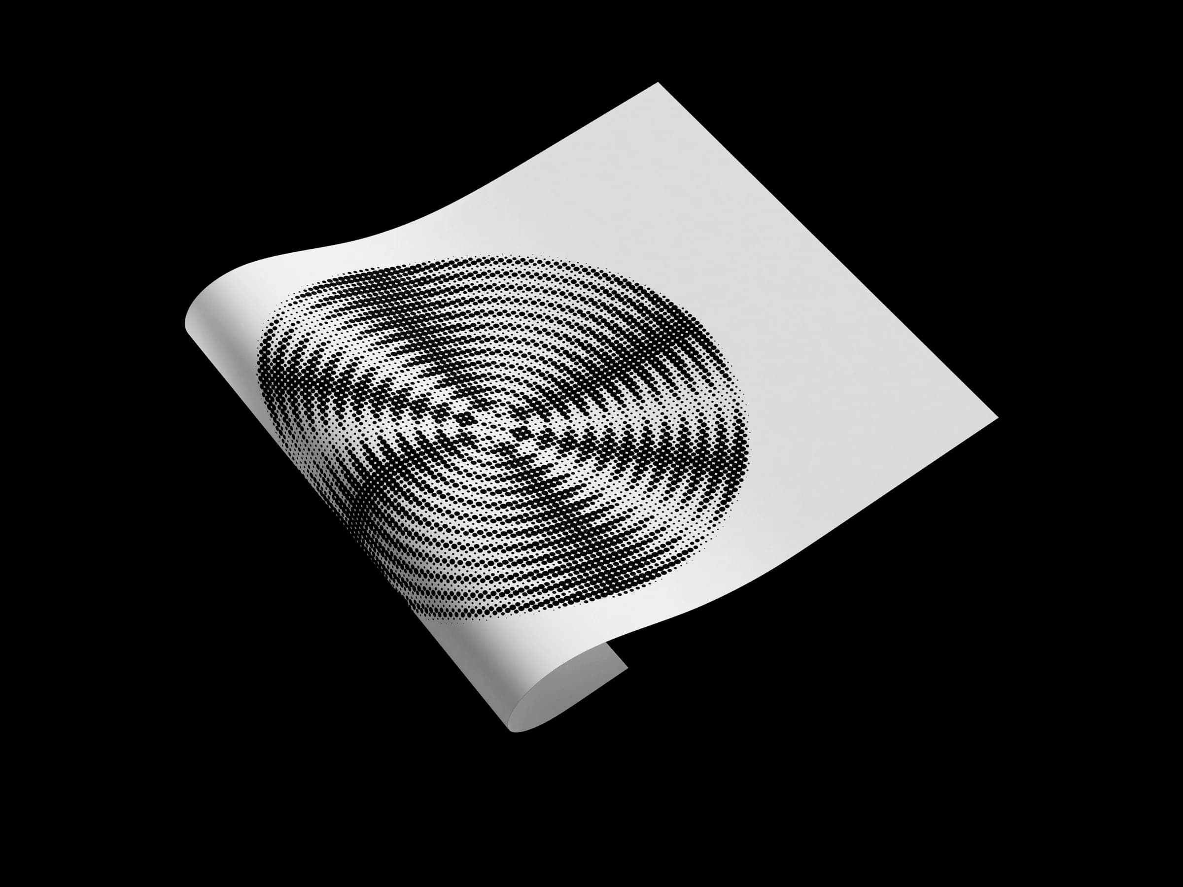 Art poster of a halftone interference pattern with a curled sheet on a white surface