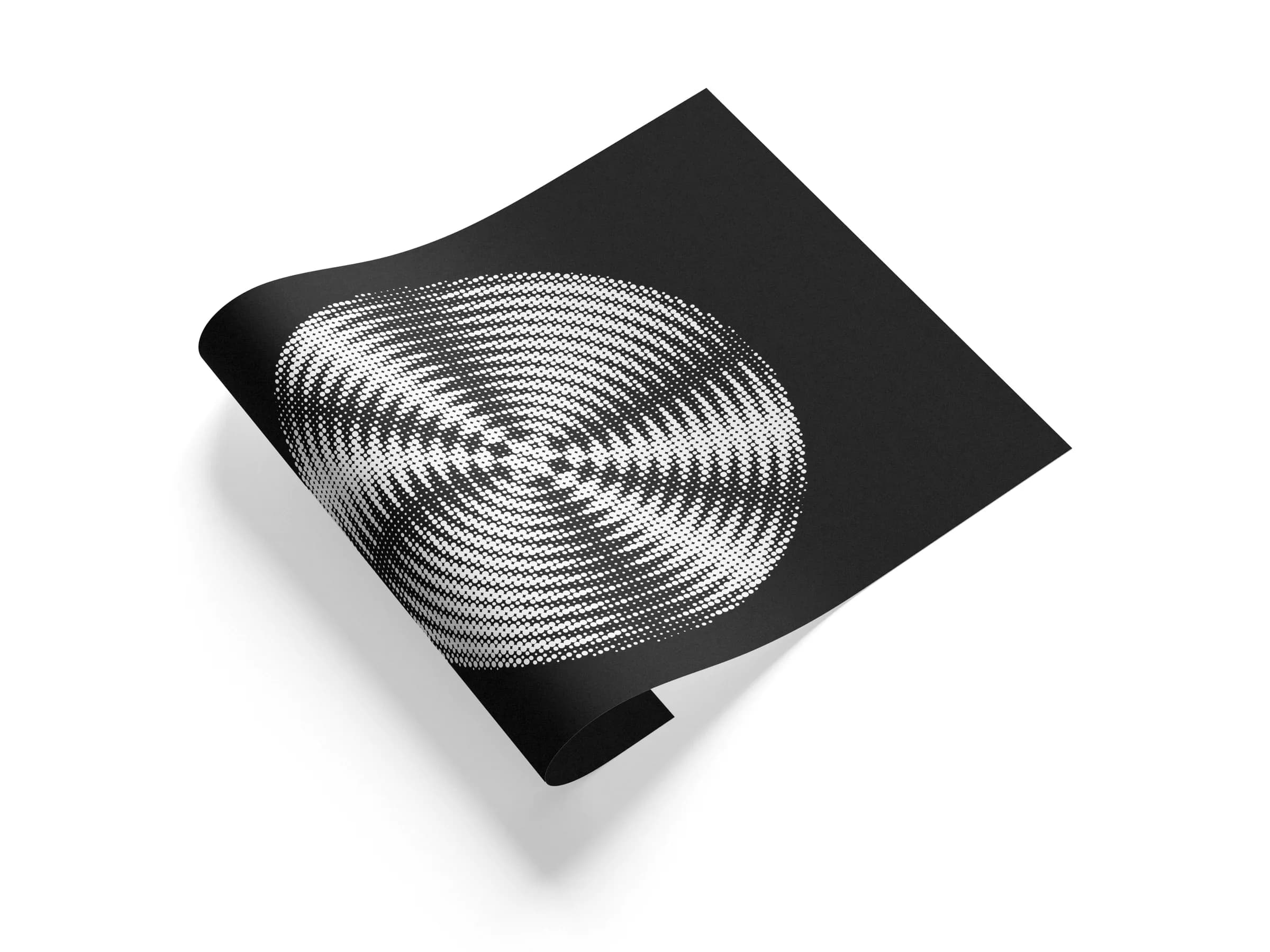 Art poster of a halftone interference pattern with a curled sheet on a white surface