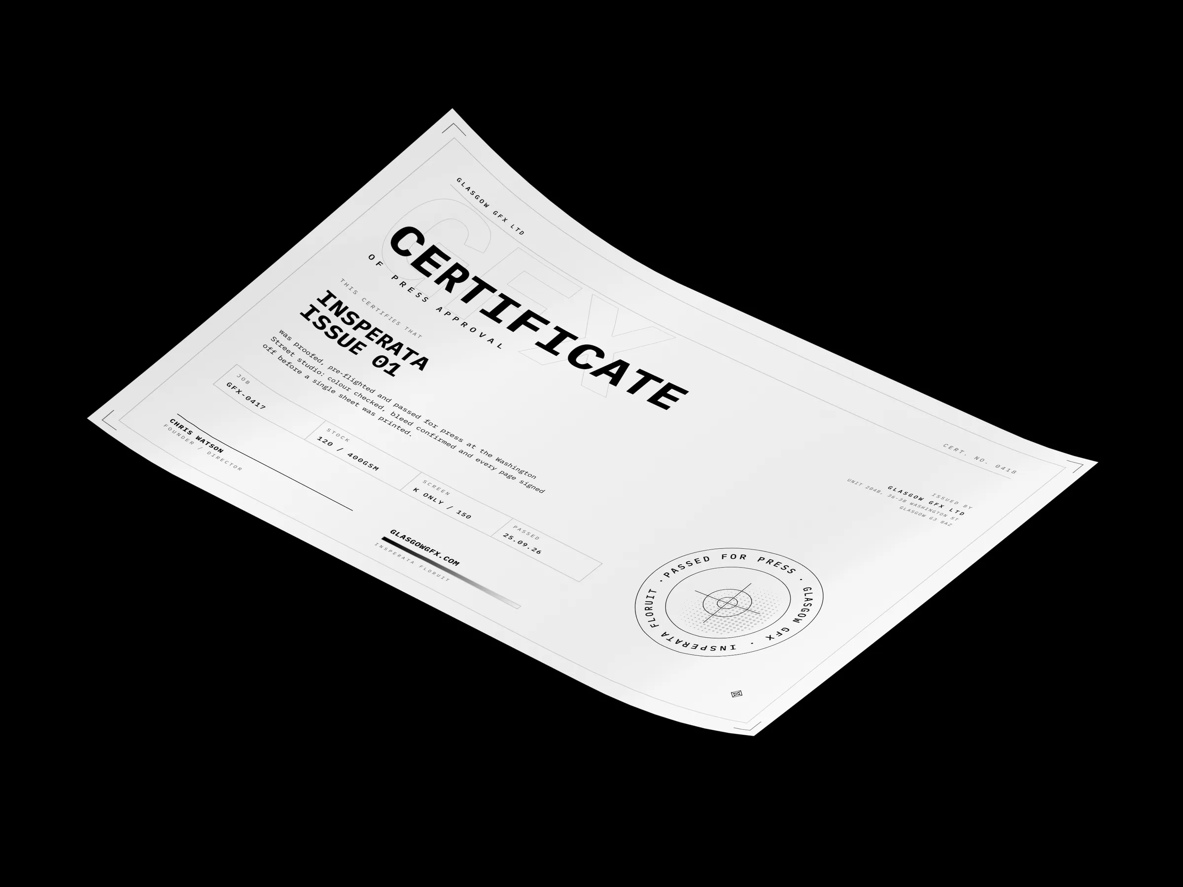 A4 landscape printed certificate on a curved sheet, on a white studio surface