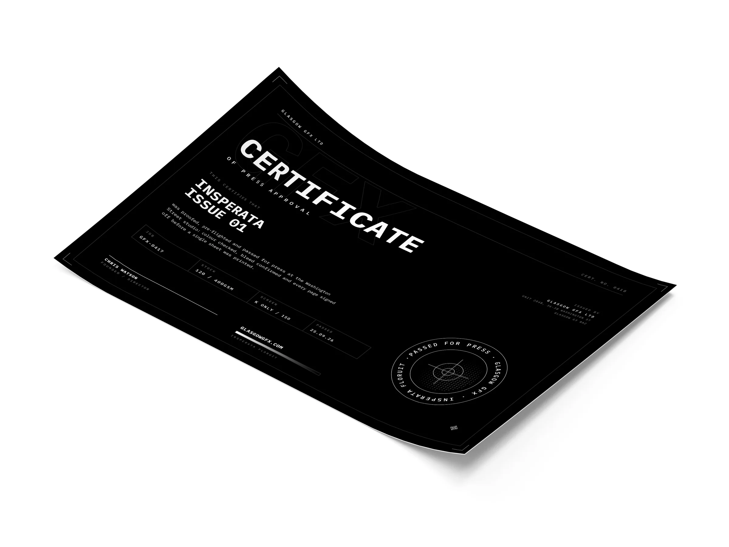 A4 landscape printed certificate on a curved sheet, on a white studio surface