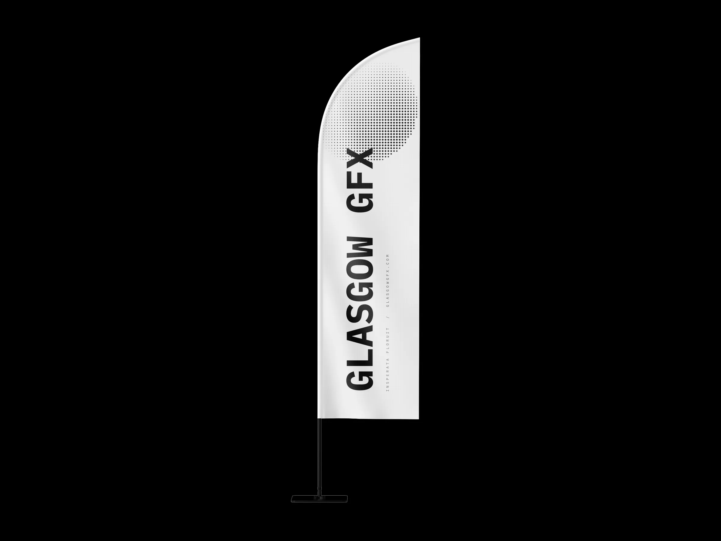 Printed feather flag on a pole and cross base against a white background