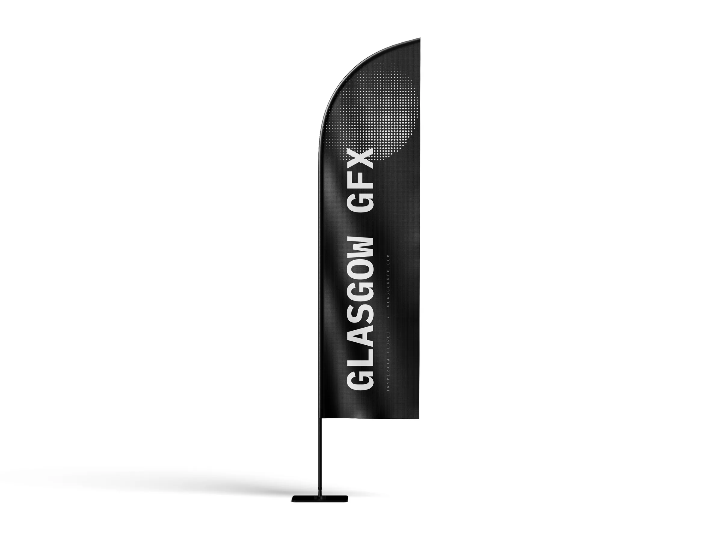 Printed feather flag on a pole and cross base against a white background