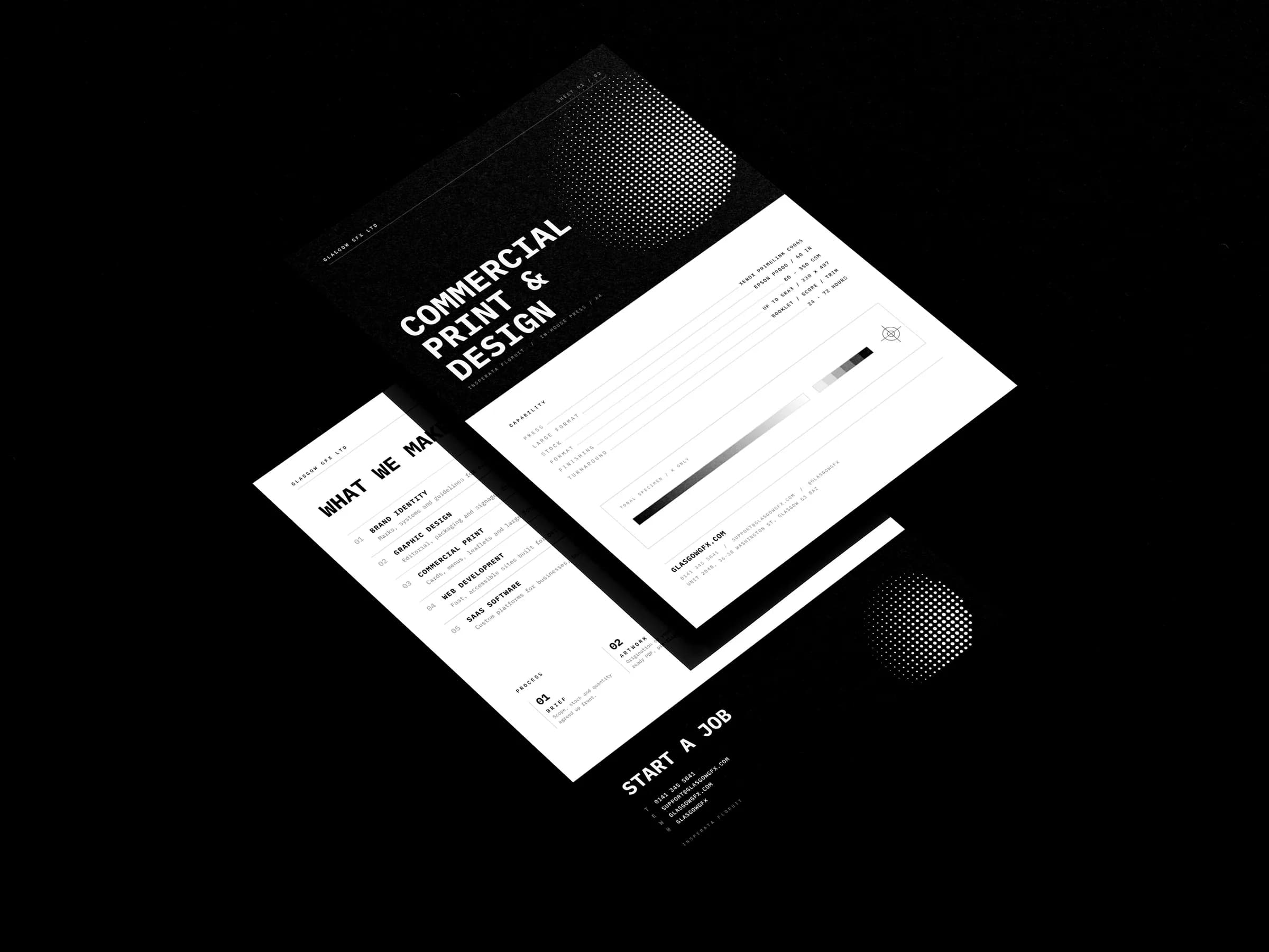 Double-sided A4 flyers, front and back, floating over a white studio surface