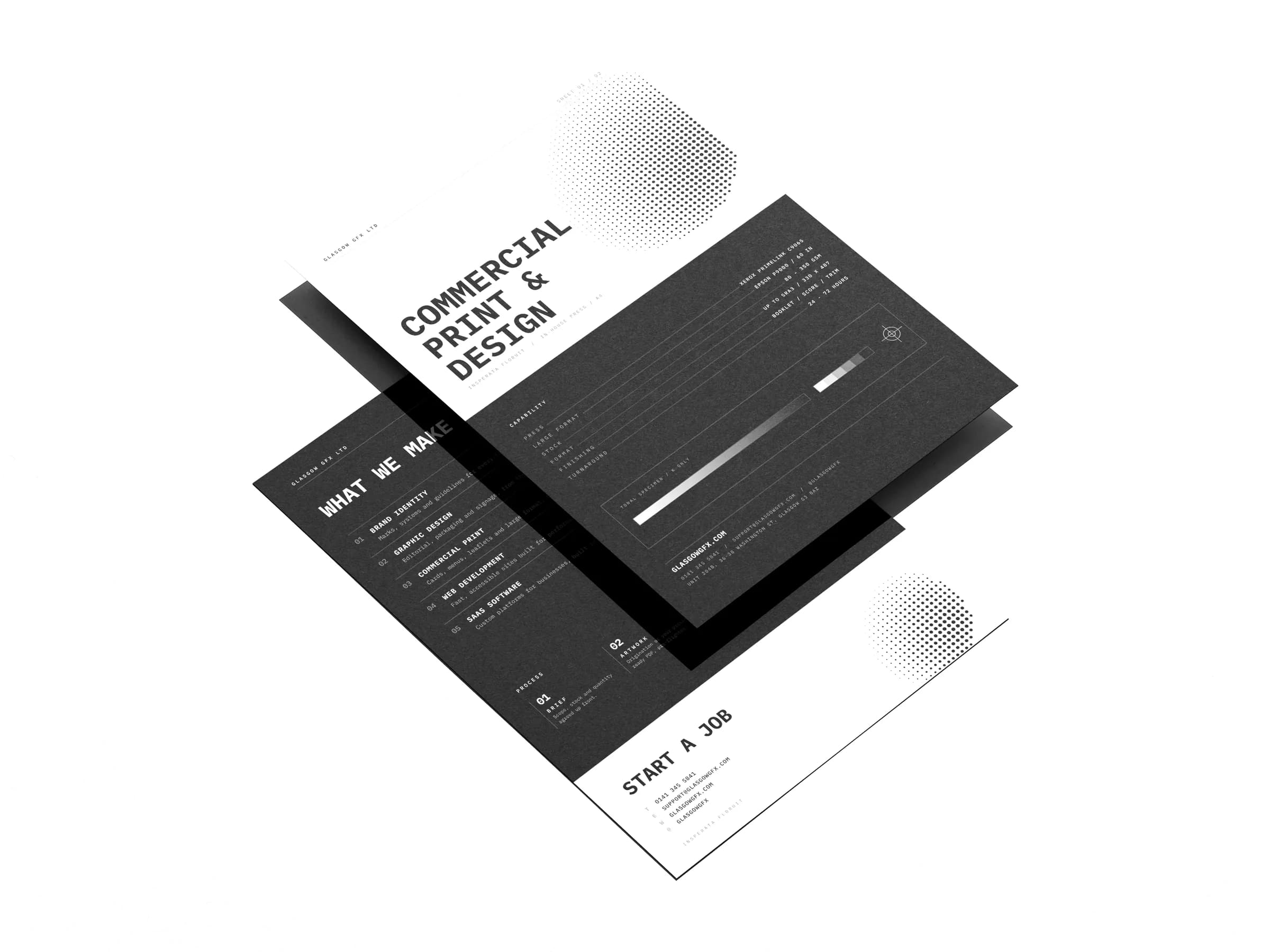 Double-sided A4 flyers, front and back, floating over a white studio surface