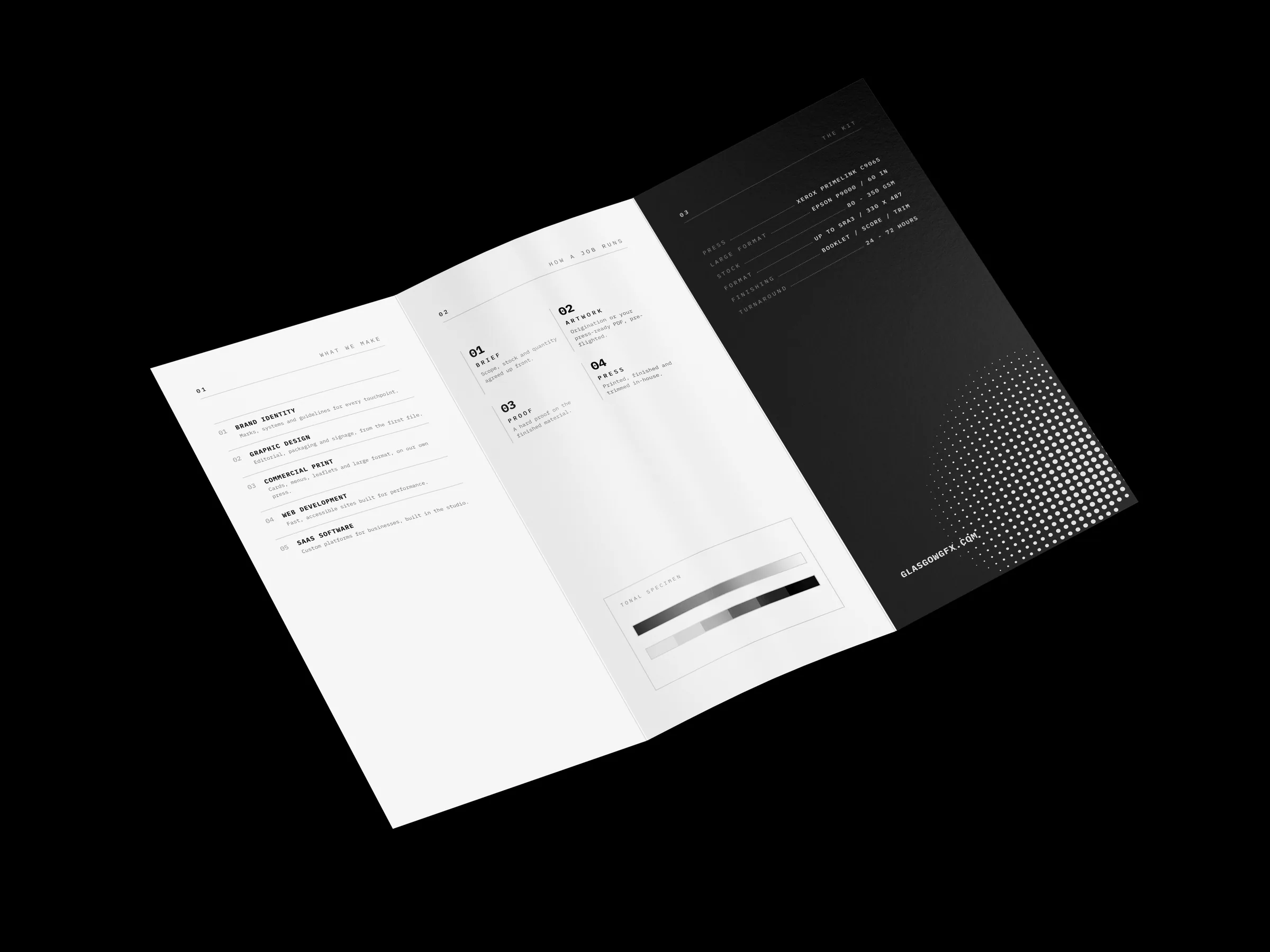 Open DL trifold leaflet showing the inside panels on a white studio surface
