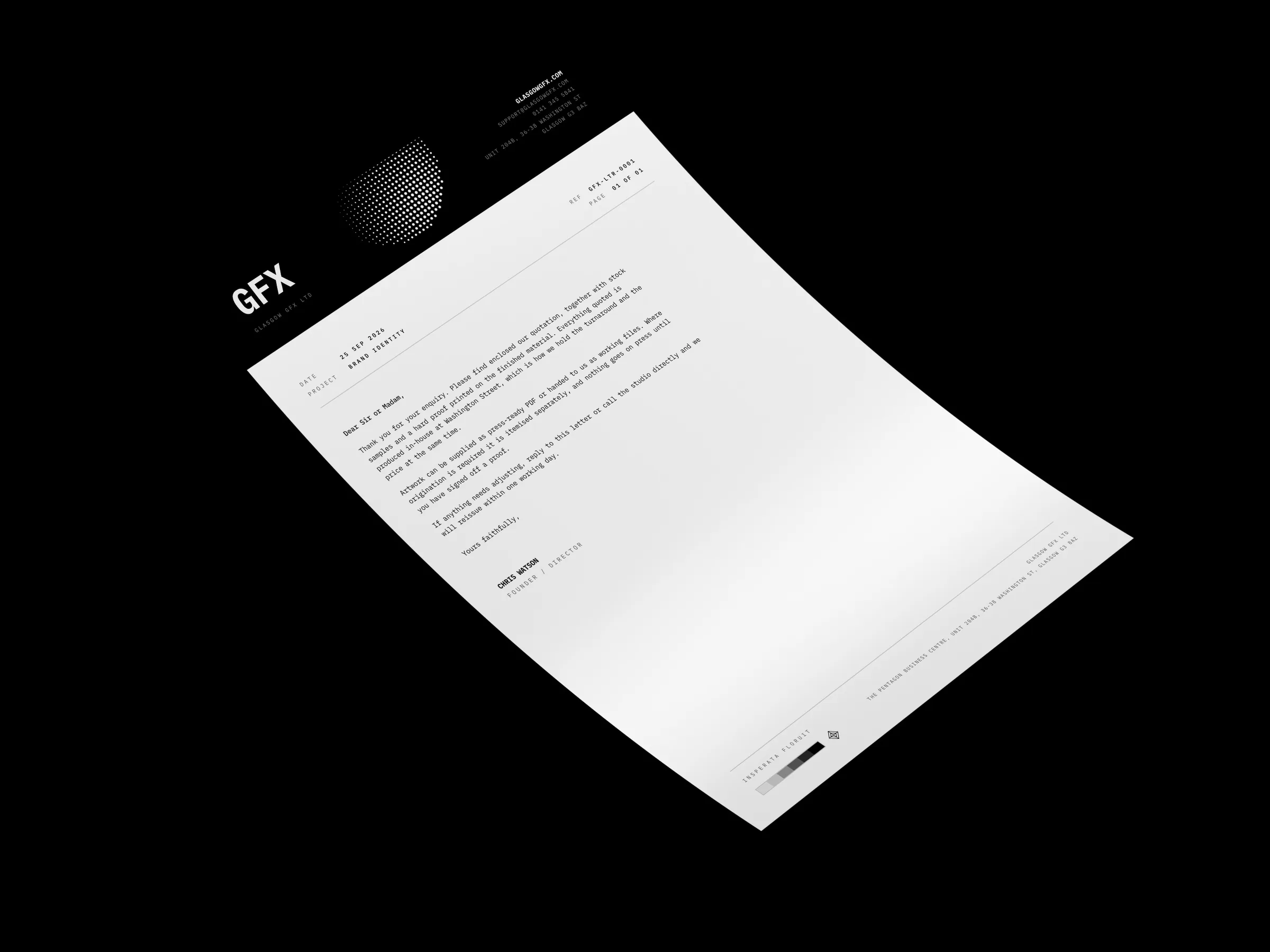 A4 printed letterhead on a curved sheet on a white studio surface