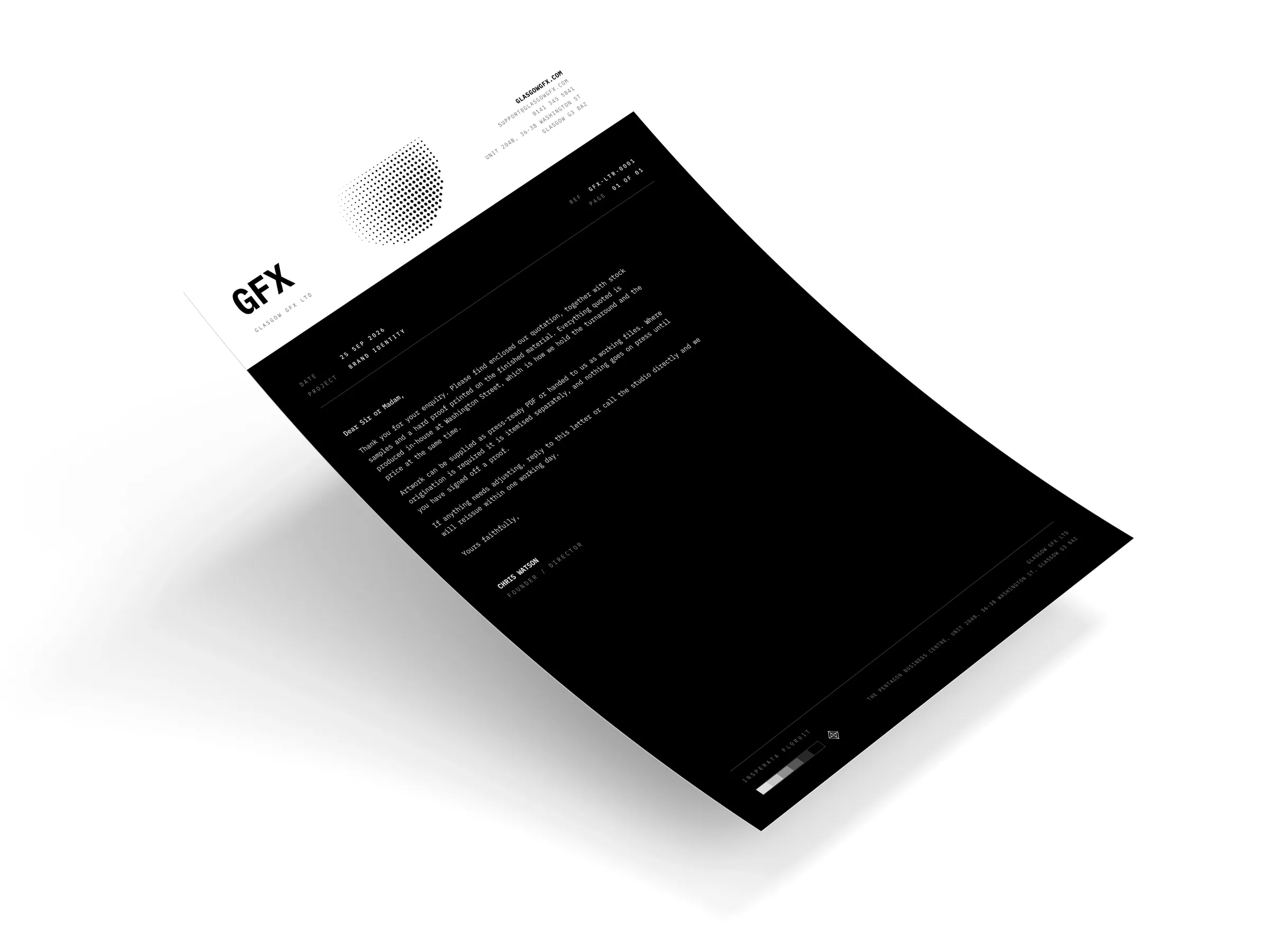A4 printed letterhead on a curved sheet on a white studio surface