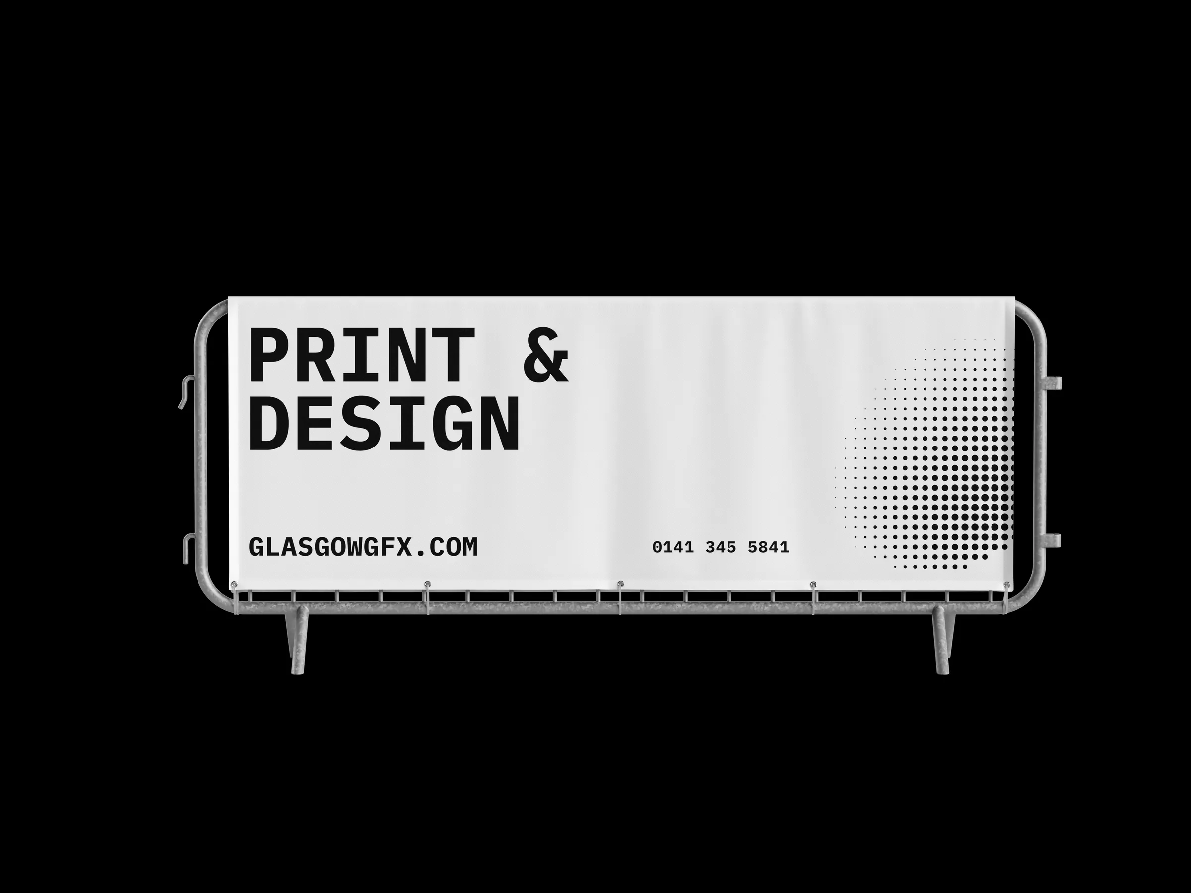 Mesh banner fitted to a steel barrier fence against a white background