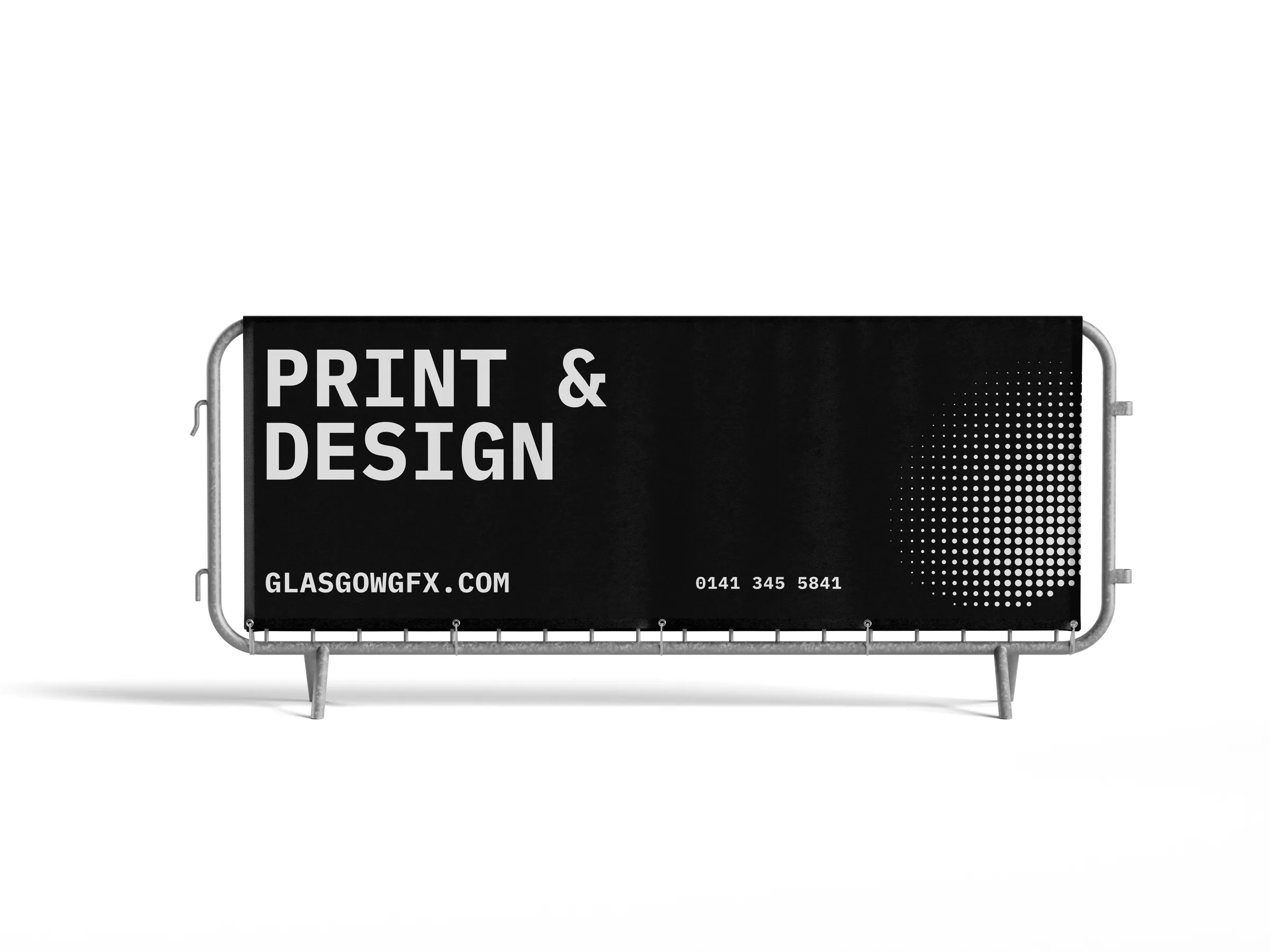 Mesh banner fitted to a steel barrier fence against a white background