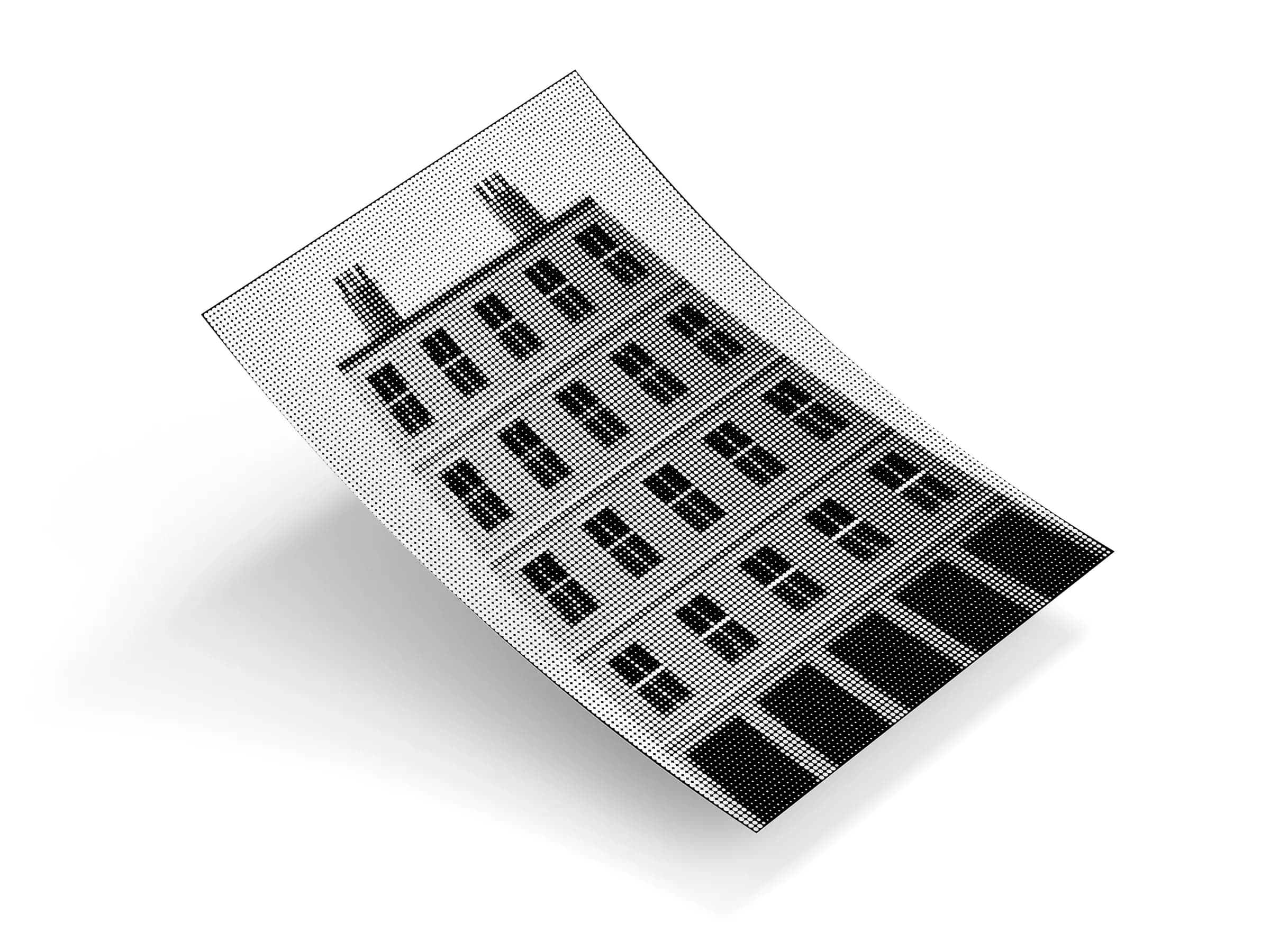 Monochrome halftone photographic print of a Glasgow tenement on a white studio surface