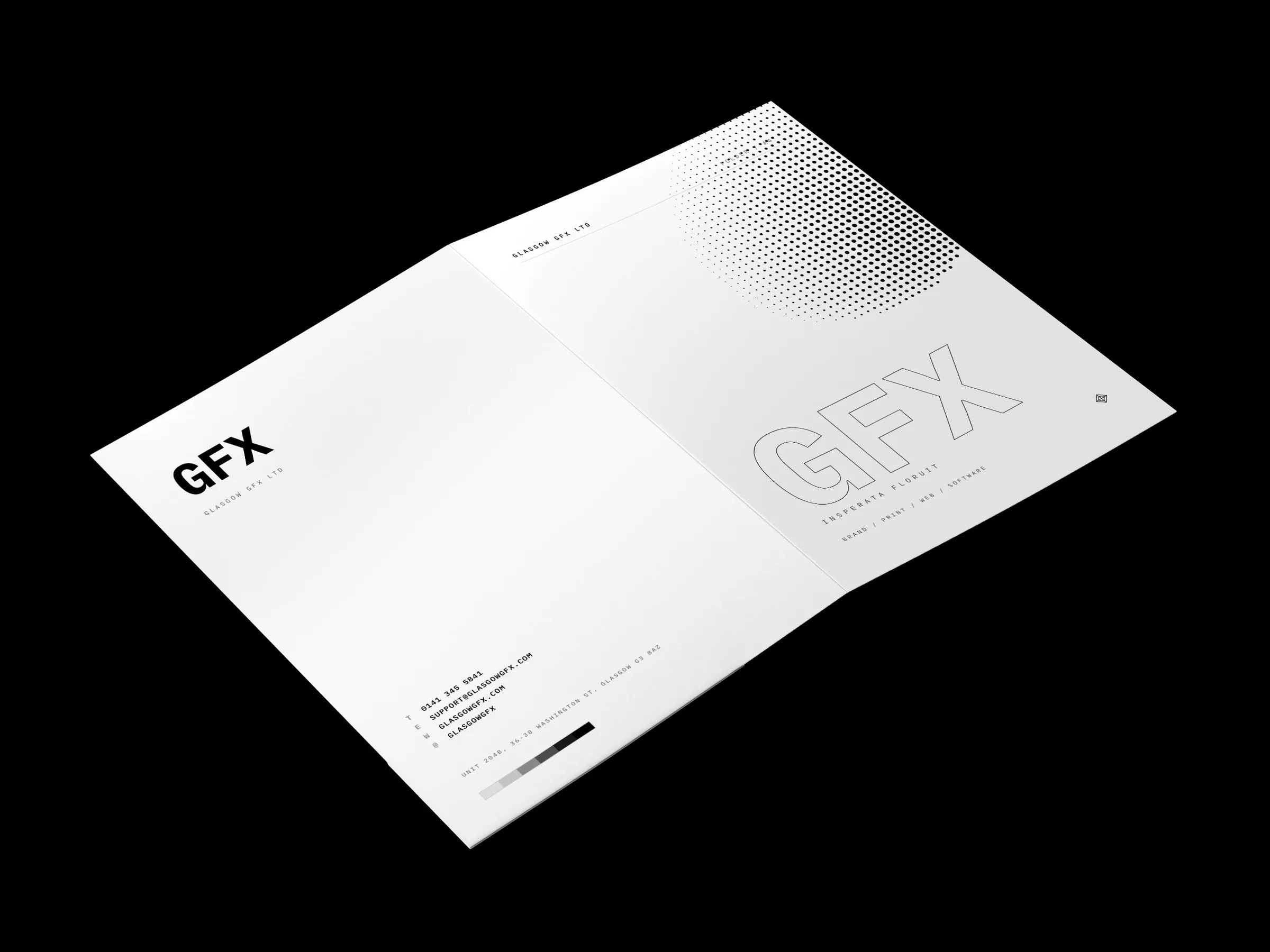 A4 presentation folders showing the printed front and back covers on a white surface