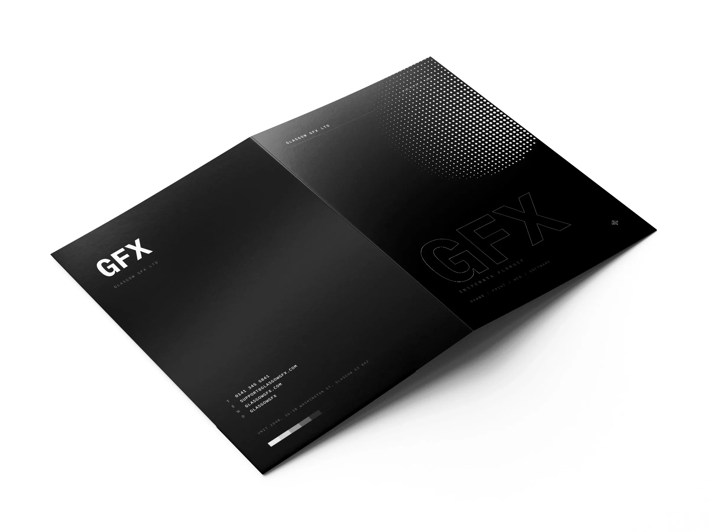 A4 presentation folders showing the printed front and back covers on a white surface