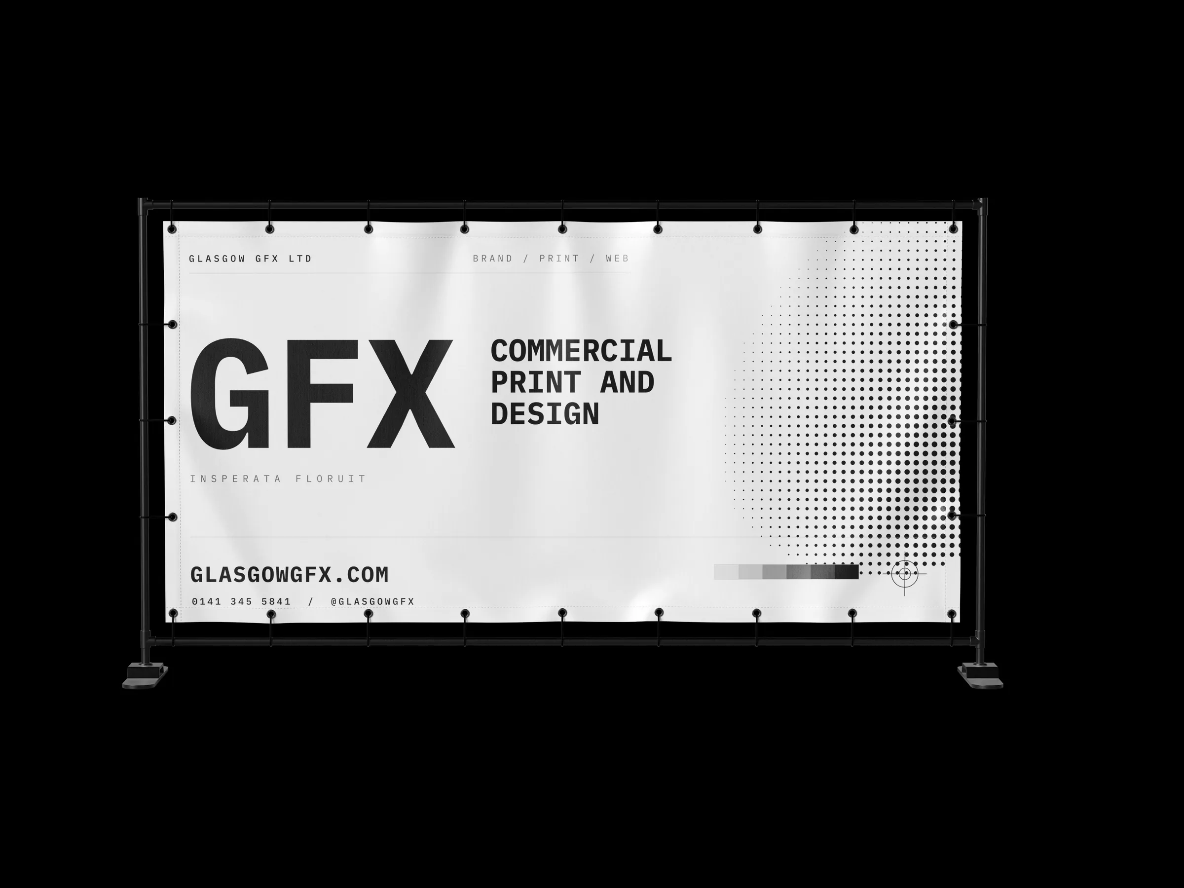 PVC banner in a hanging frame against a white studio background