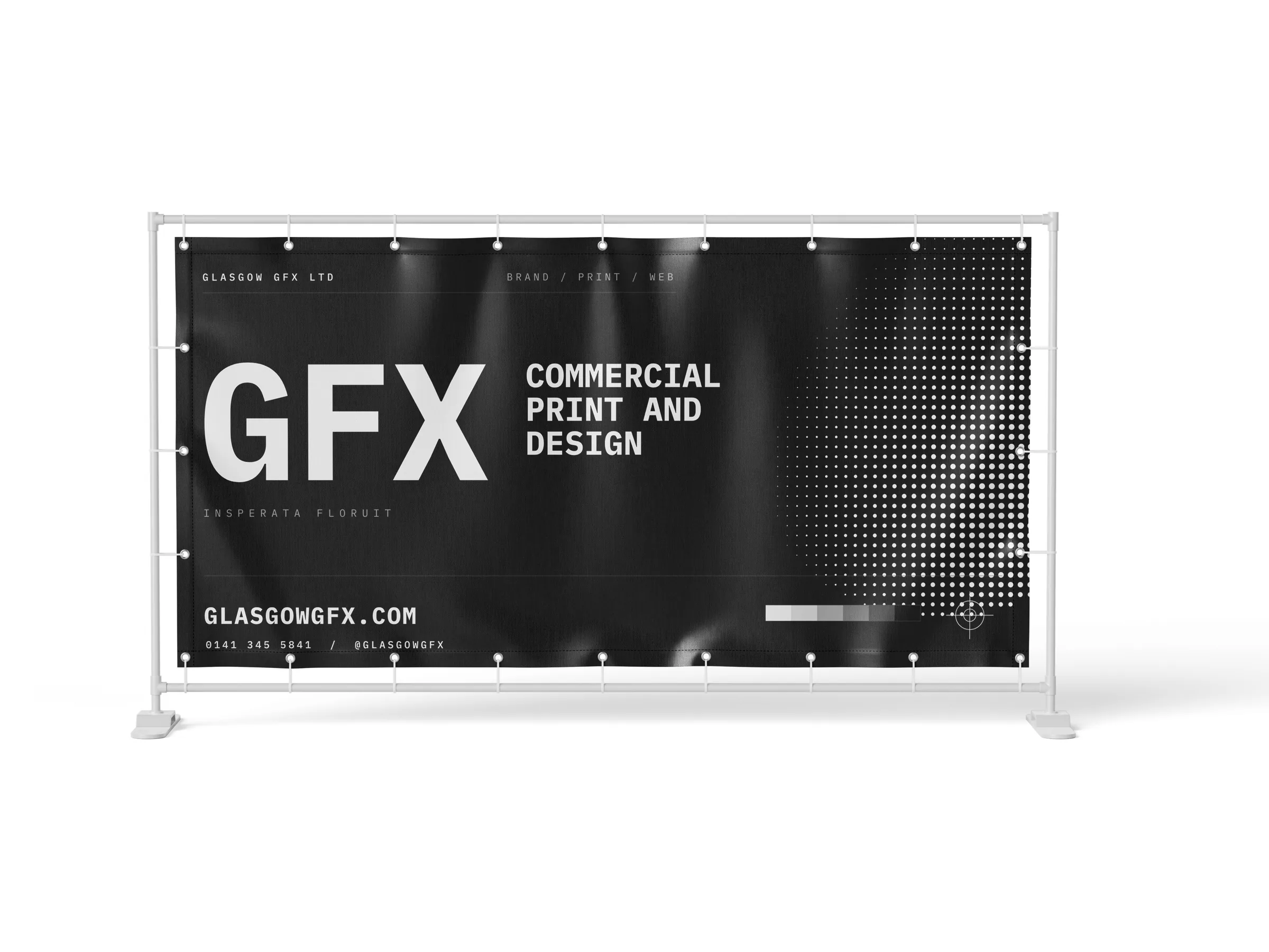PVC banner in a hanging frame against a white studio background