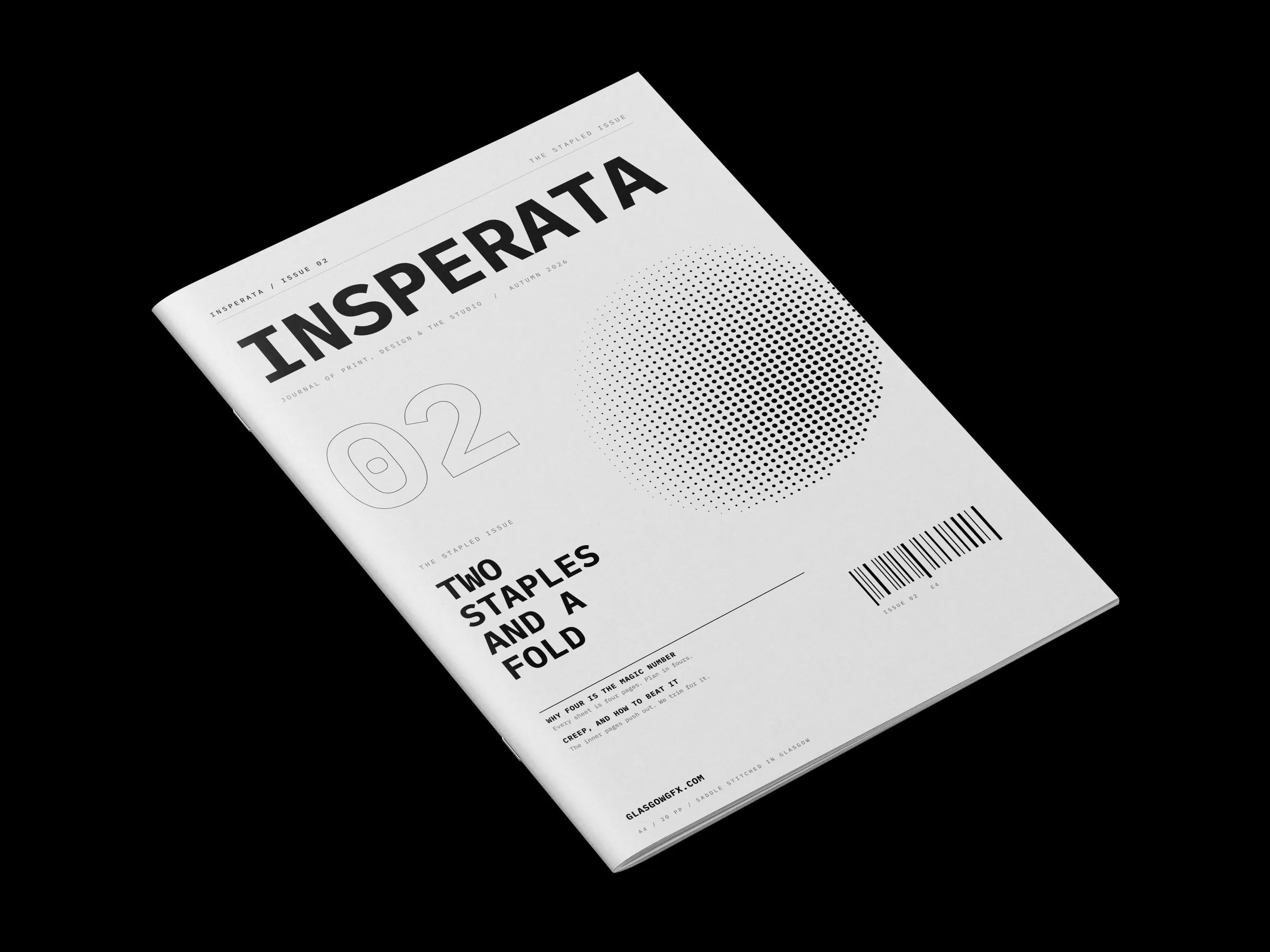 Saddle-stitched A4 booklet, front cover, on a white studio surface