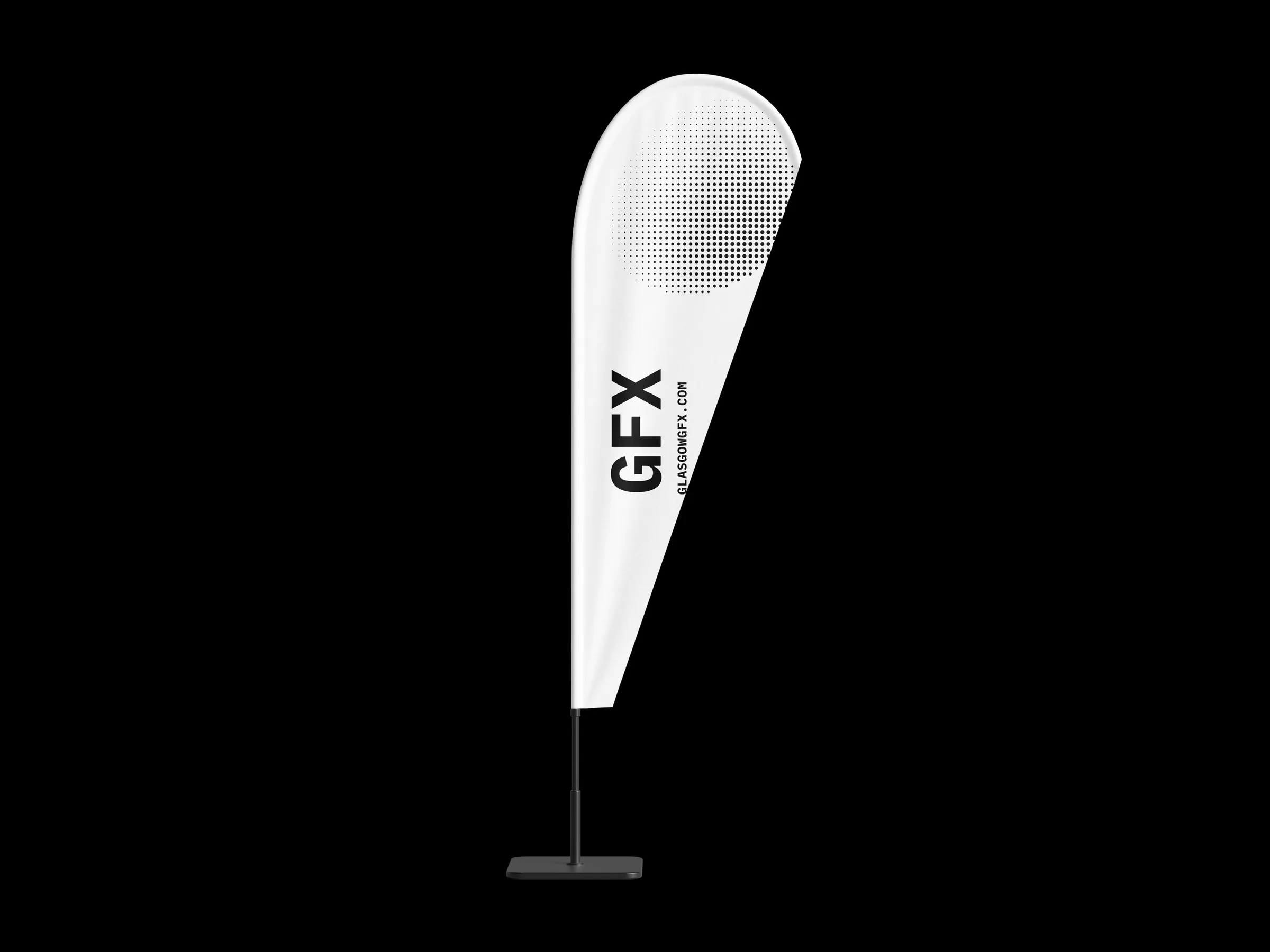 Printed teardrop flag on a pole and base against a white background