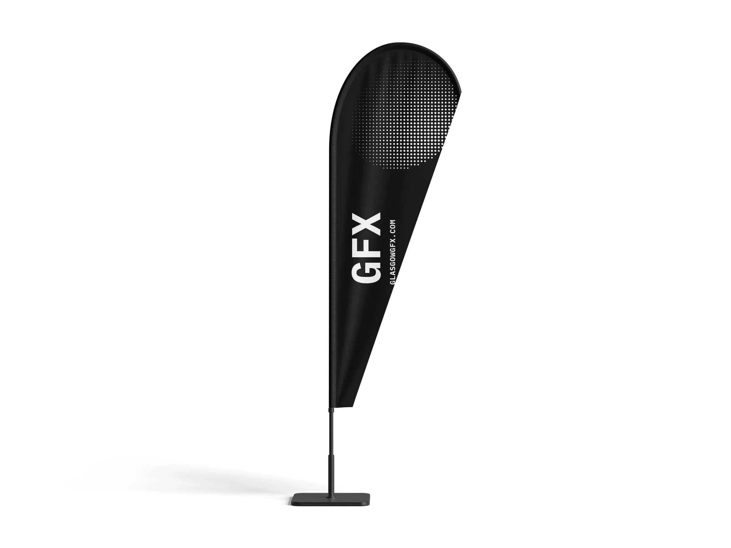 Printed teardrop flag on a pole and base against a white background
