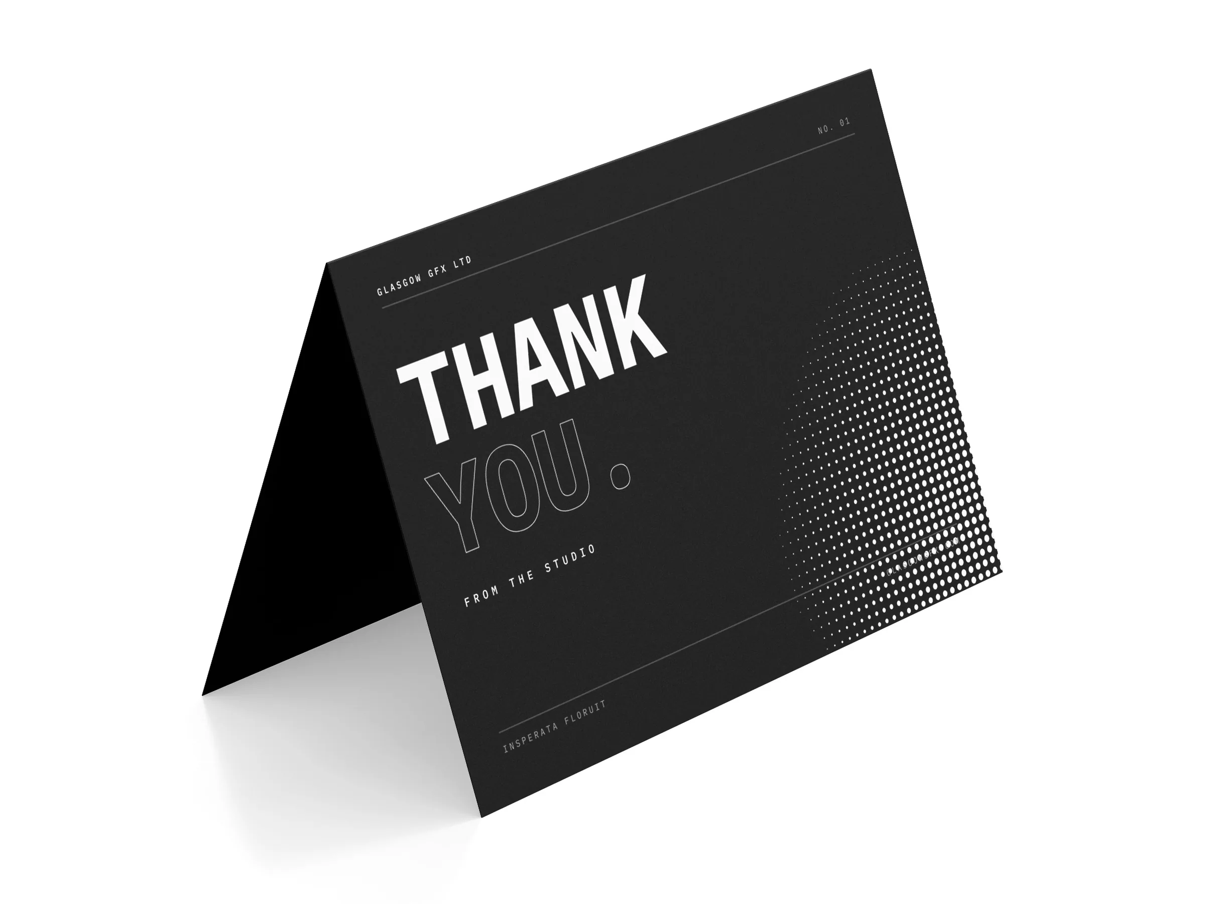 Folded A6 thank-you card standing on a white studio surface
