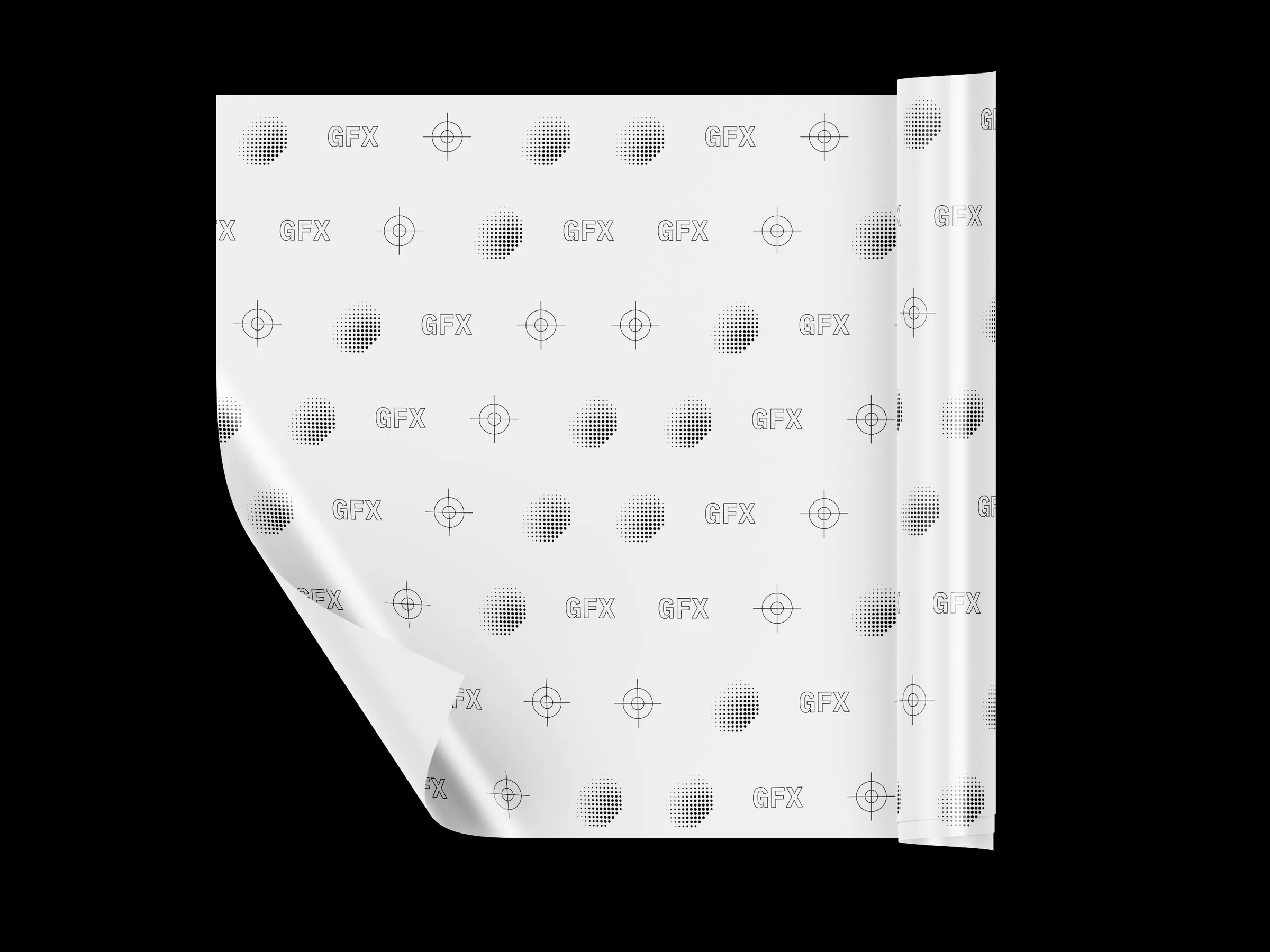 Printed wrapping paper sheet and roll with a halftone GFX pattern on a white studio surface