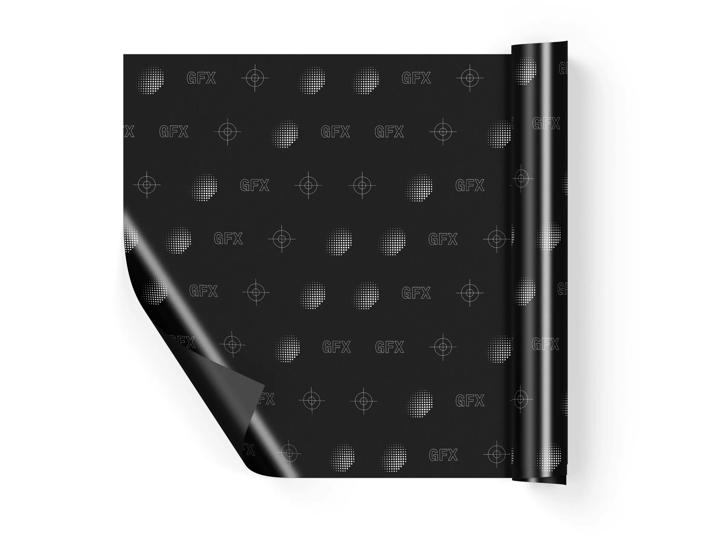 Printed wrapping paper sheet and roll with a halftone GFX pattern on a white studio surface