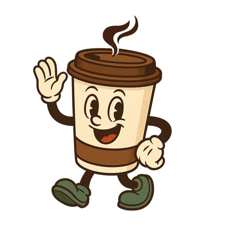 Animated coffee cup character design with steam and friendly wave - retro art print