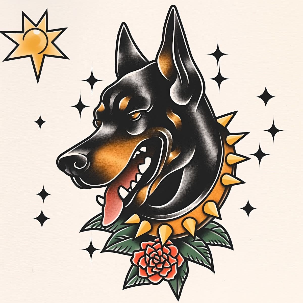 Doberman neotraditional tattoo-style illustration art print
