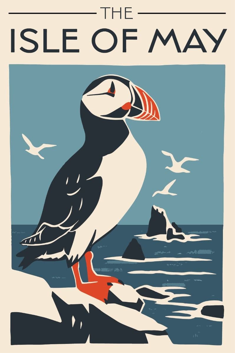 Isle of May puffins illustration - Scottish wildlife coastal art print