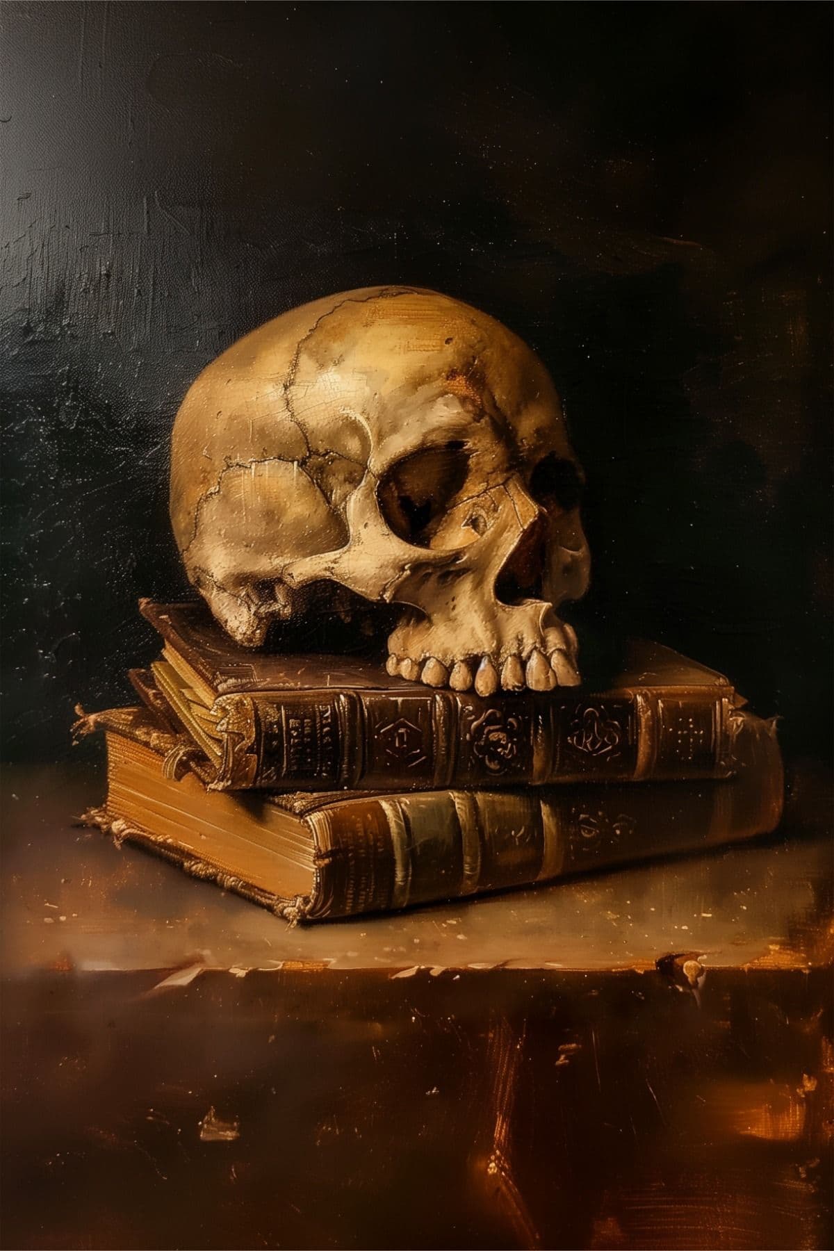 A Skull on Tomes - gothic oil painting still life with skull resting on aged books
