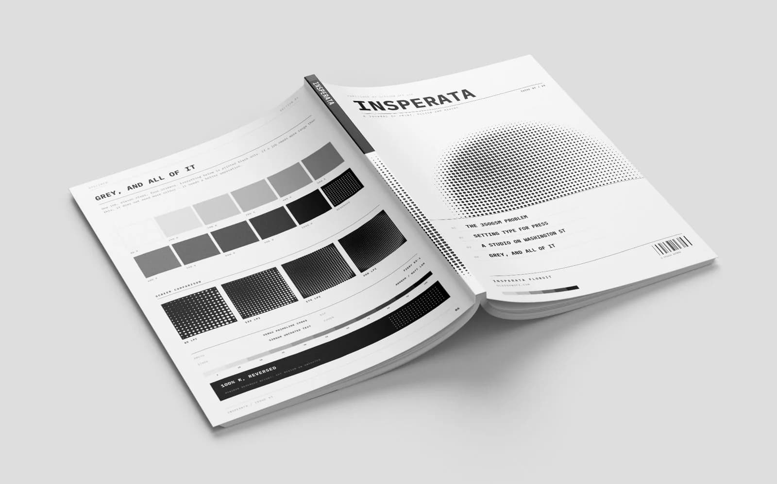 An open booklet spread headed Grey, and all of it, showing a row of grey tint patches above four halftone squares printed at 85, 133, 175 and 200 lines per inch.