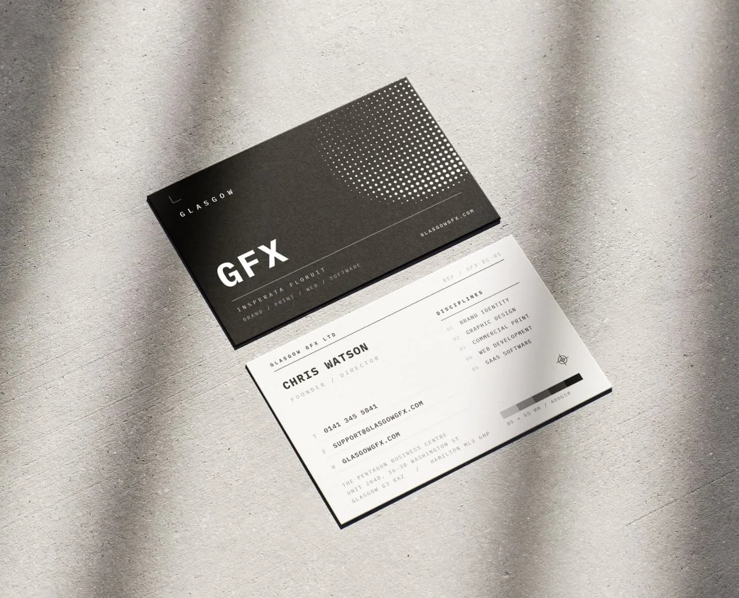 Glasgow GFX business cards, printed in-house