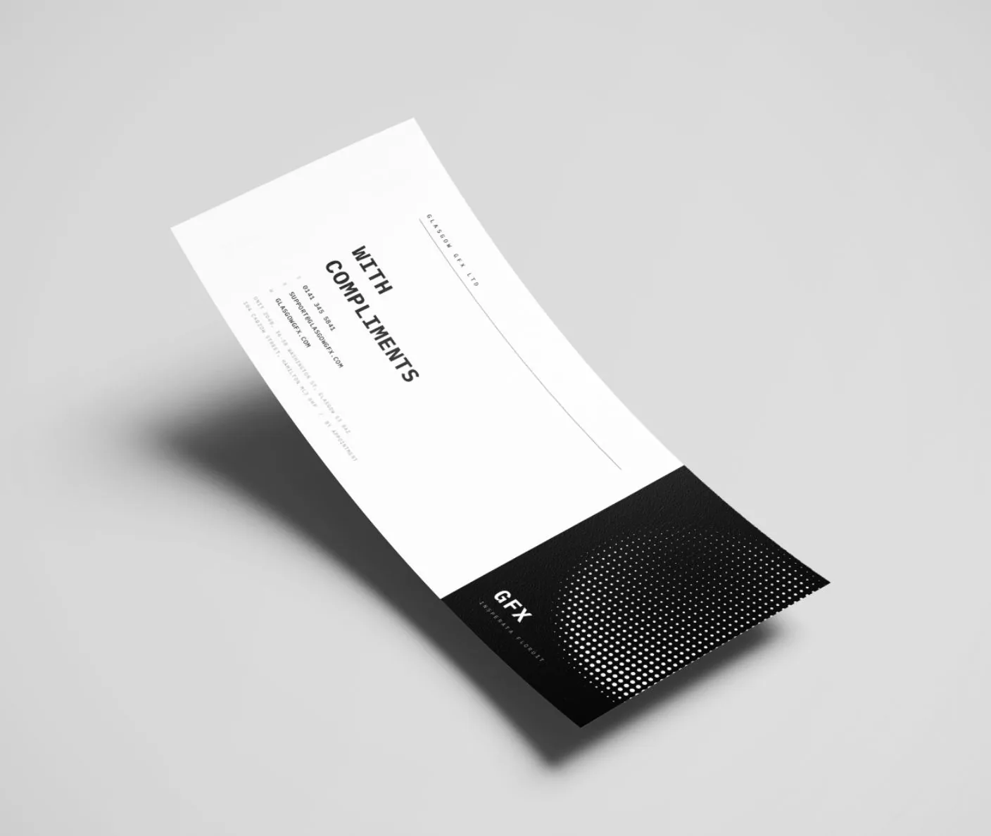 A Glasgow GFX with compliments slip, white with a black halftone panel across the foot.