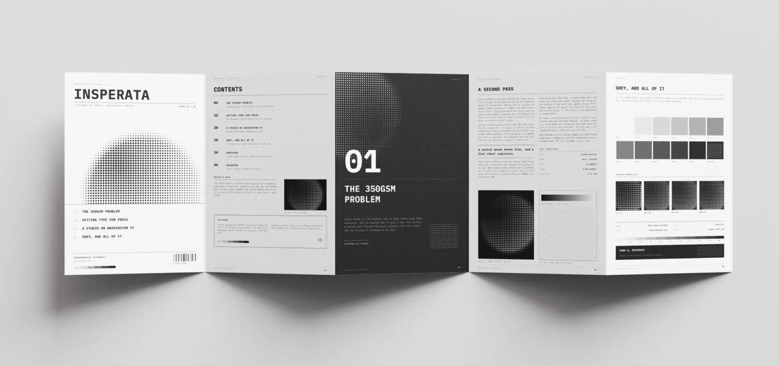 A five panel concertina folded brochure opened flat, showing a cover, a contents page, a dark section opener and two text spreads.