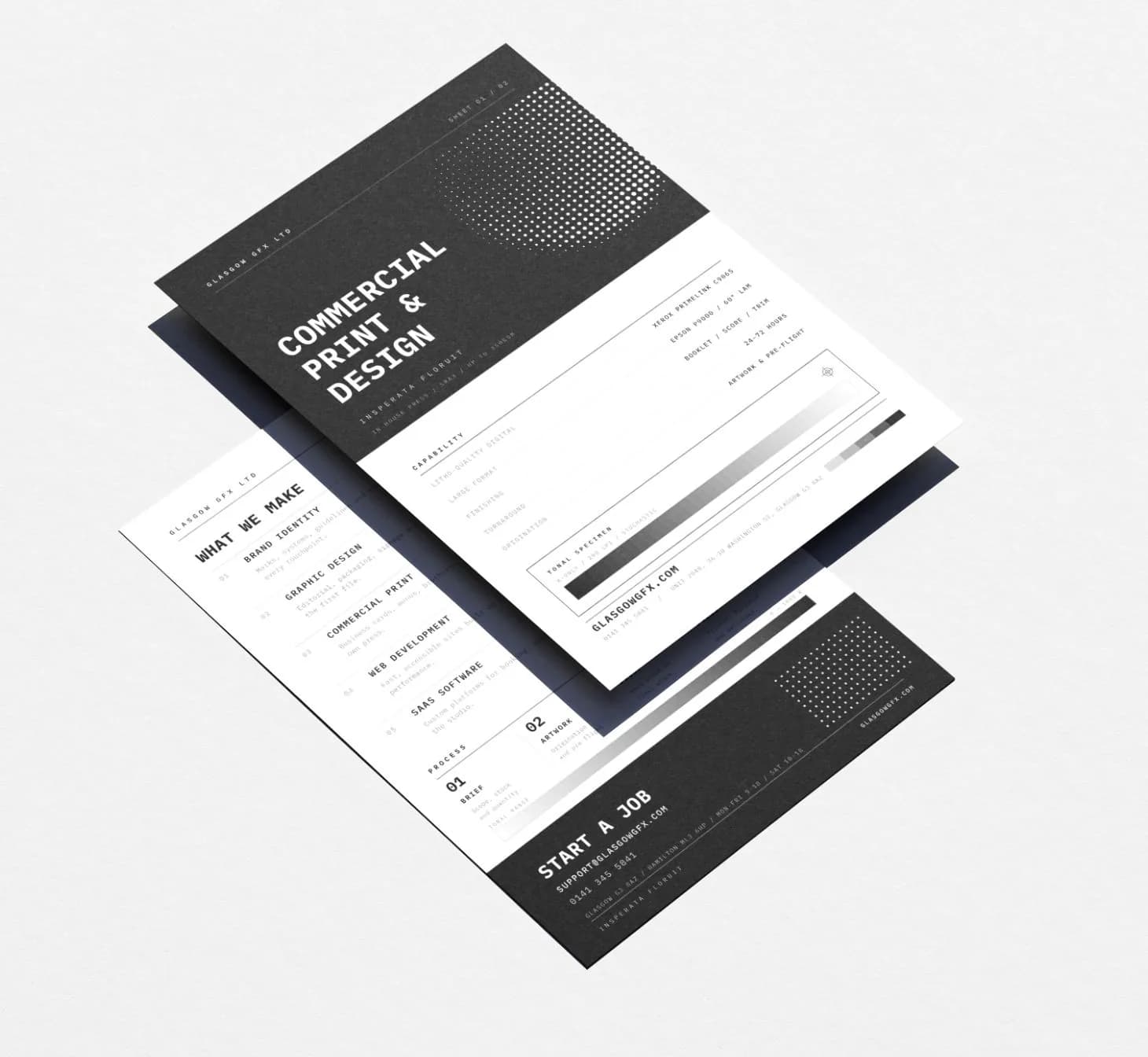 A Glasgow GFX stationery set fanned out: a dark A4 capability sheet, a white letterhead listing what the studio makes, and a dark compliment slip.