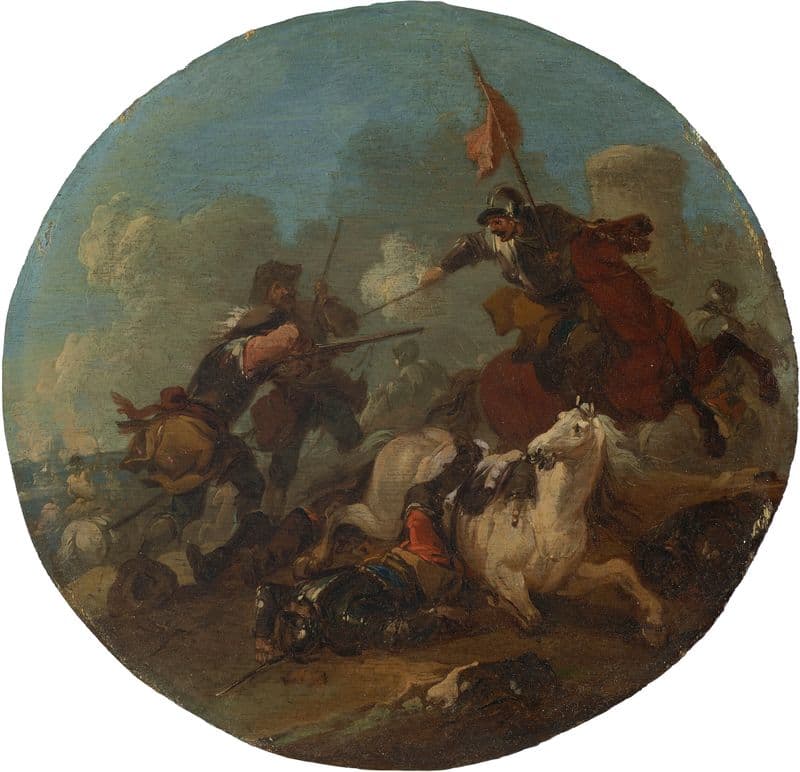 A battle scene with a fallen horse as a canvas print