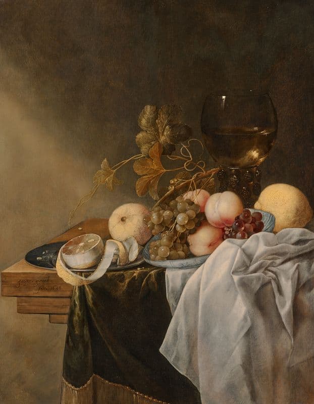 A bowl of peaches and grapes with a roemer and a peeled lemon as a canvas print