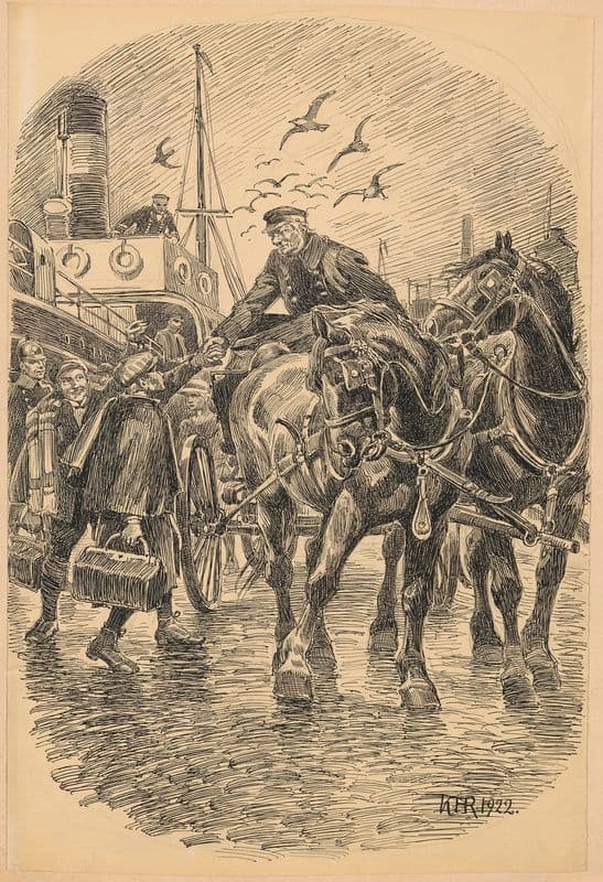 A boy bids farewell to a man in a horse-drawn carriage as a canvas print