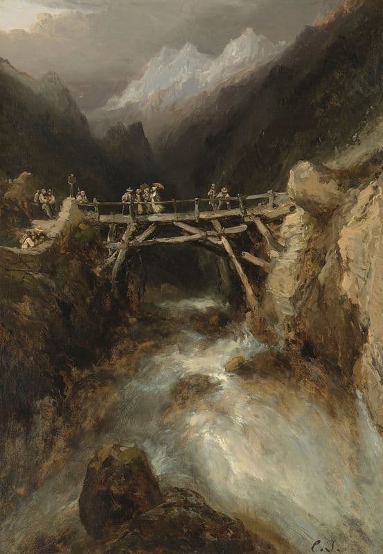 A bridge with travellers crossing a torrent in the Pyrenees as a canvas print