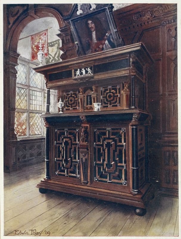 A cabinet of oak and walnut, with ebony panels and columns, inlaid with rosewood and ivory engraved (1910 - 1911) as a canvas print